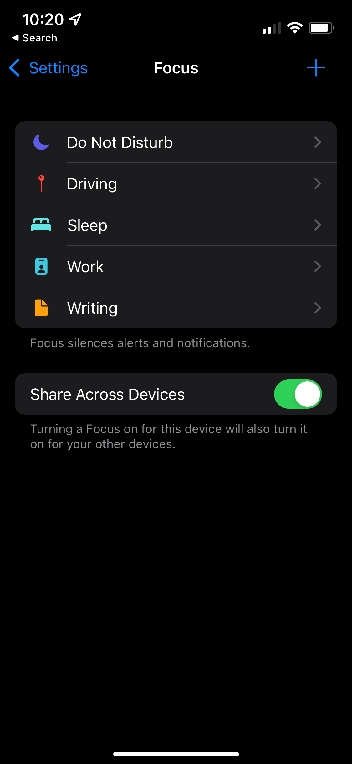 The focus modes settings screen.