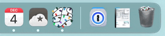 Icons bounce along the Mac Dock: a calendar with “Dec 4,” cloud app, animated holiday lights, security app, document thumbnail, and an overflowing trash bin, set against a blue background.