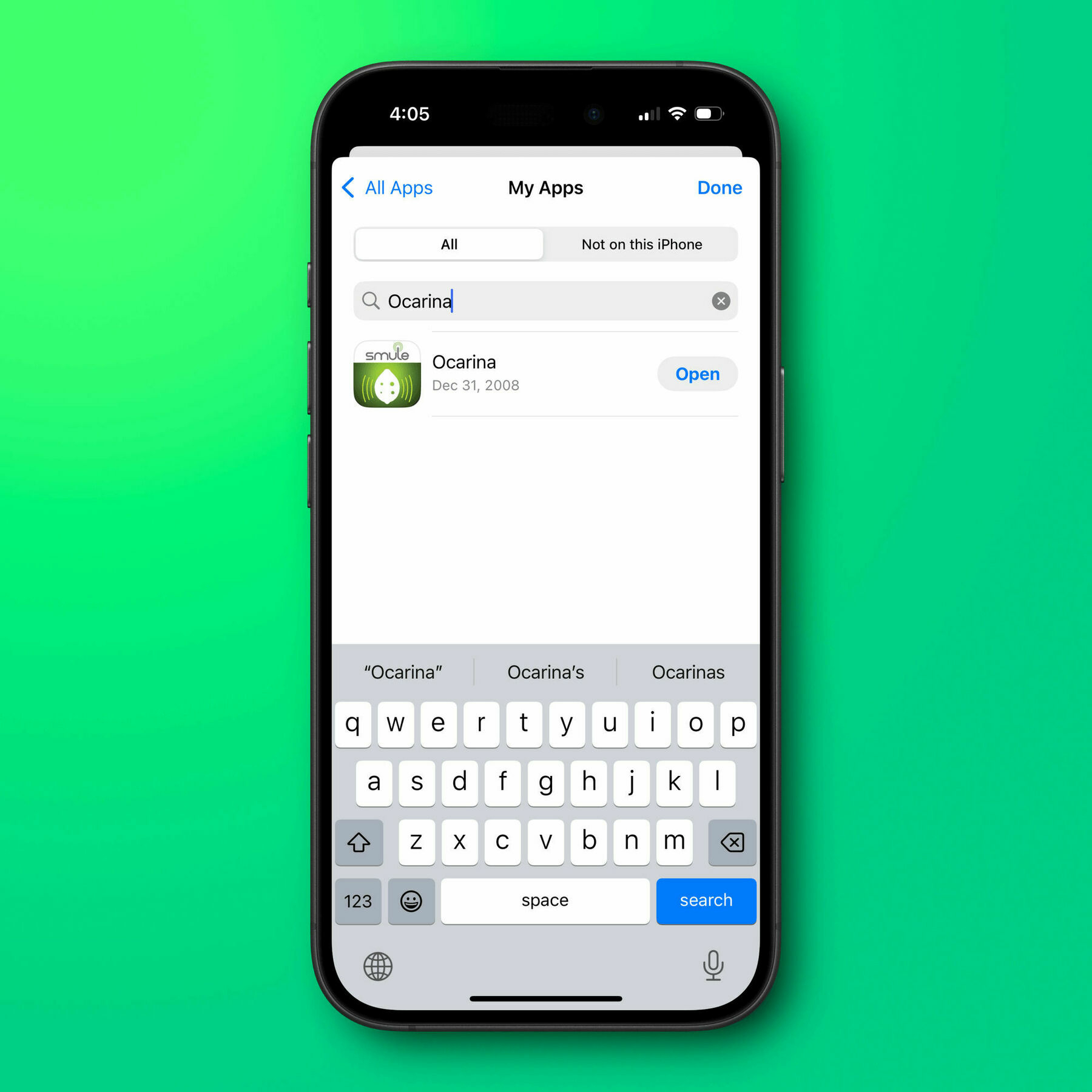 A smartphone screen displays an app store search for “Ocarina” with the app icon, “Dec 31, 2008,” and an “Open” button.