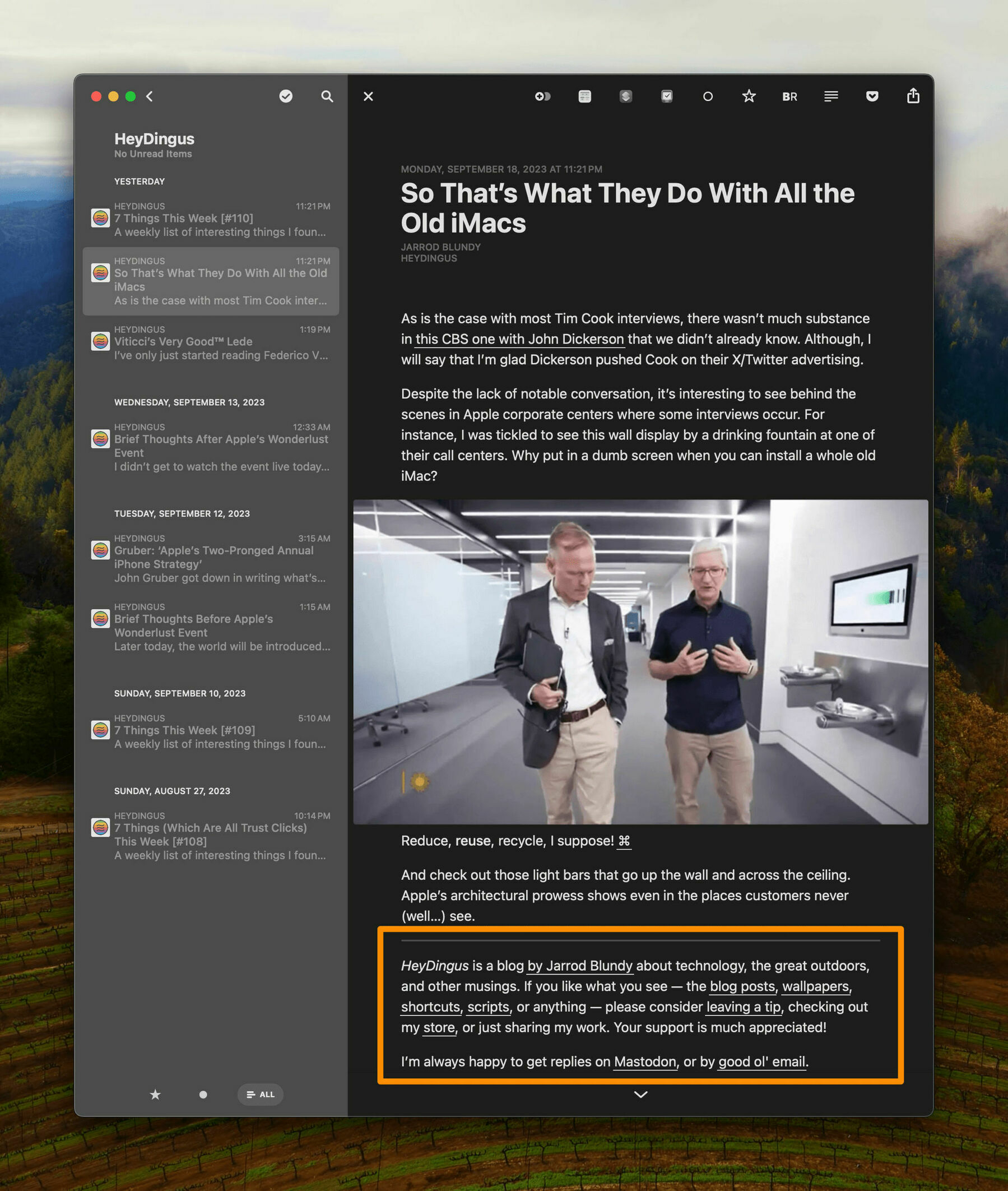 The Reeder app with my RSS feed pulled up, and the blog blurb highlighted at the bottom of the entry.