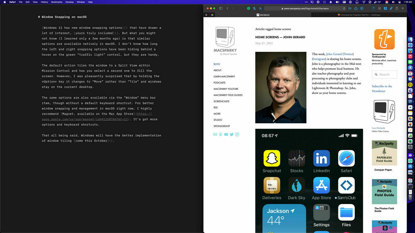 Two windows moved to either sides of the screen with the macOS snapping options.