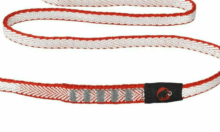 A red and white braided sling with a black logo tag featuring a red mammoth.