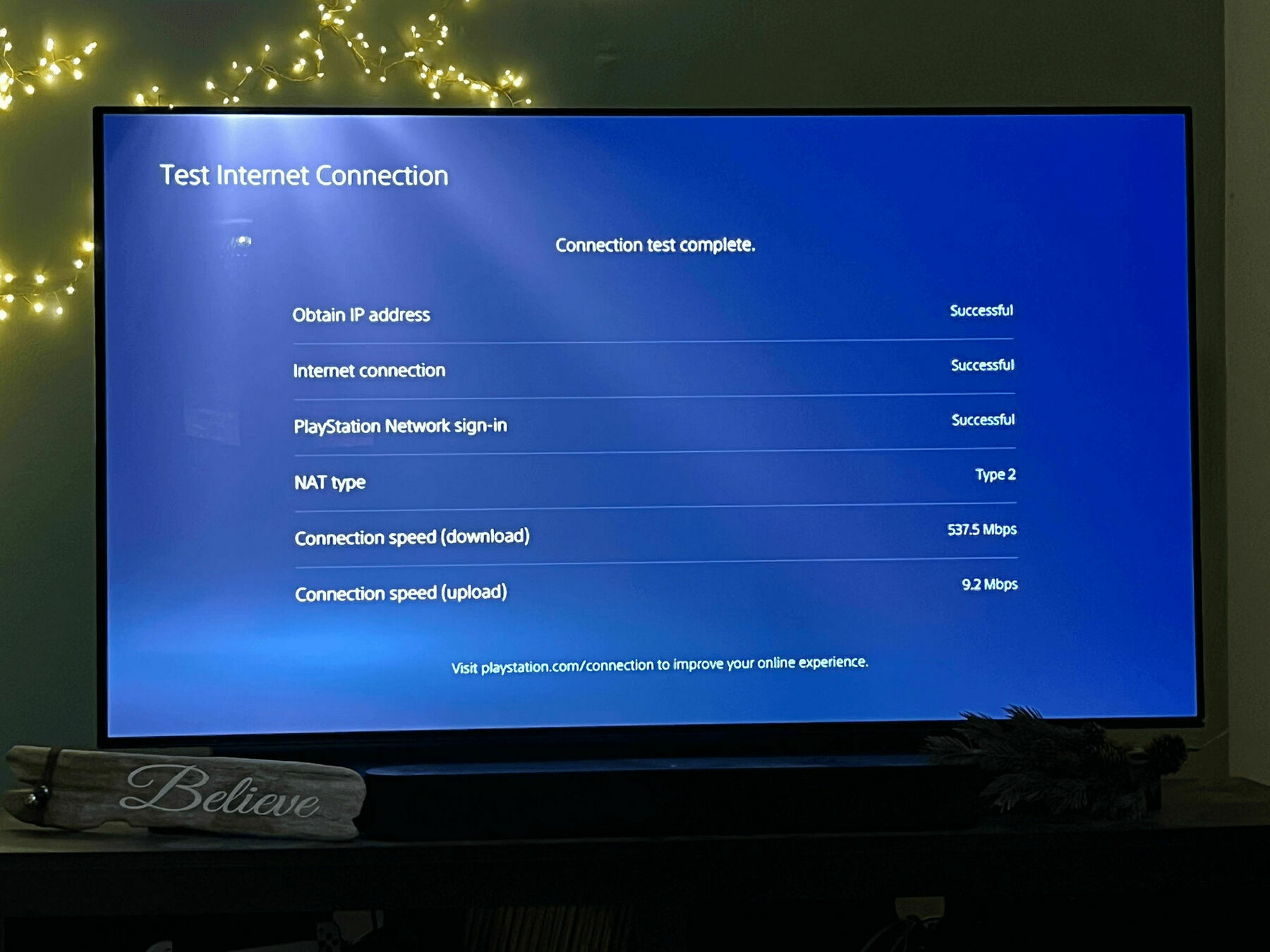 Playstation speed test showing over 500 Mbps download speed while connected to ethernet.