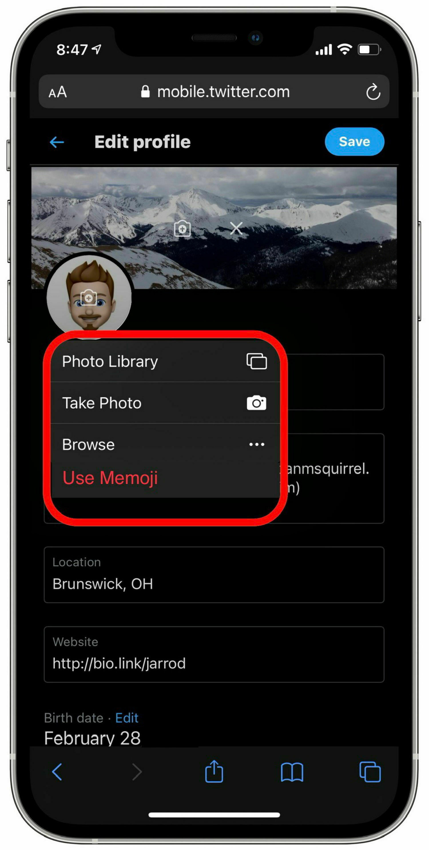 Mock-up for Memoji option in the upload context menu.