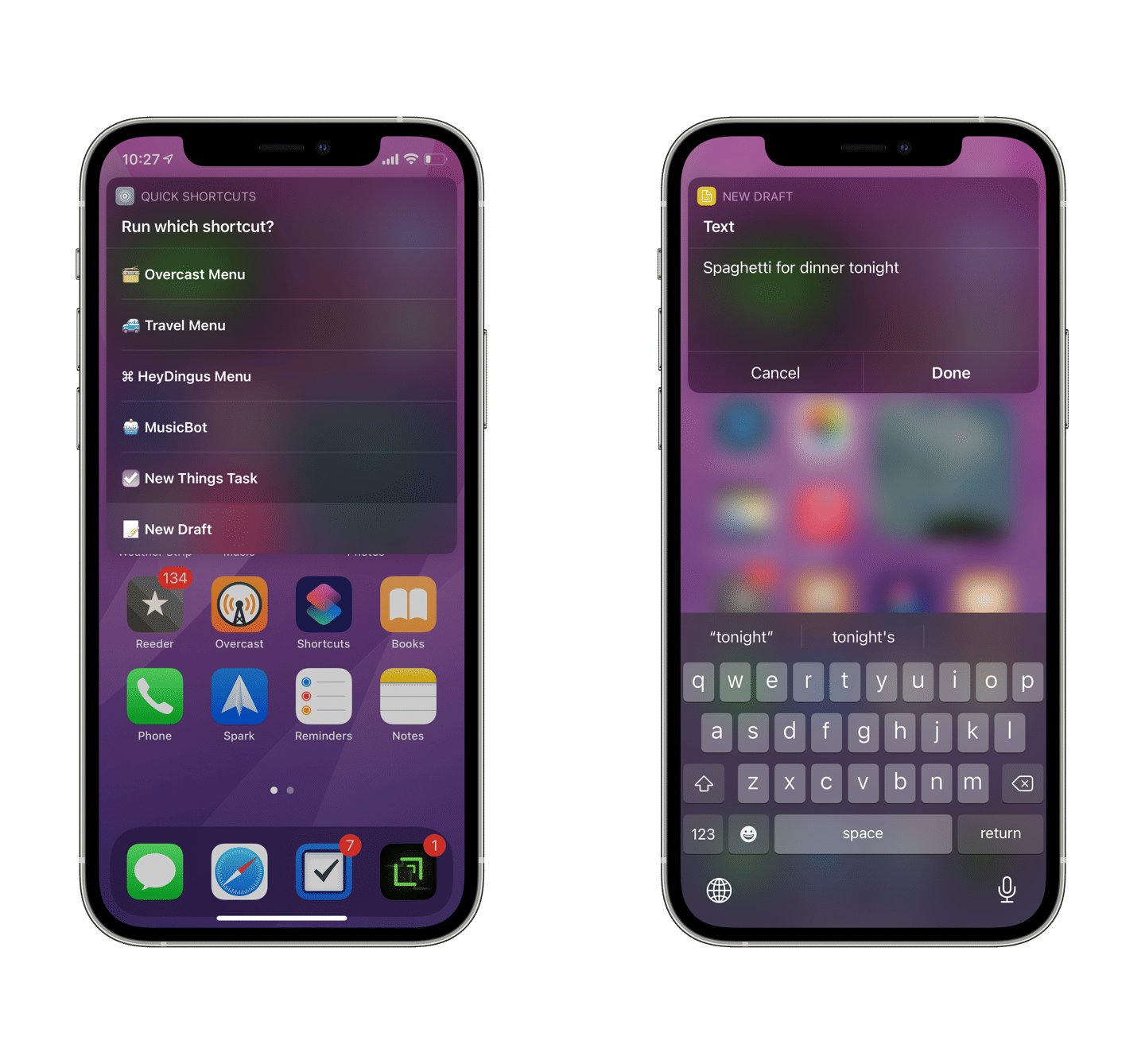 A shortcut on iPhone for saving text into Drafts.