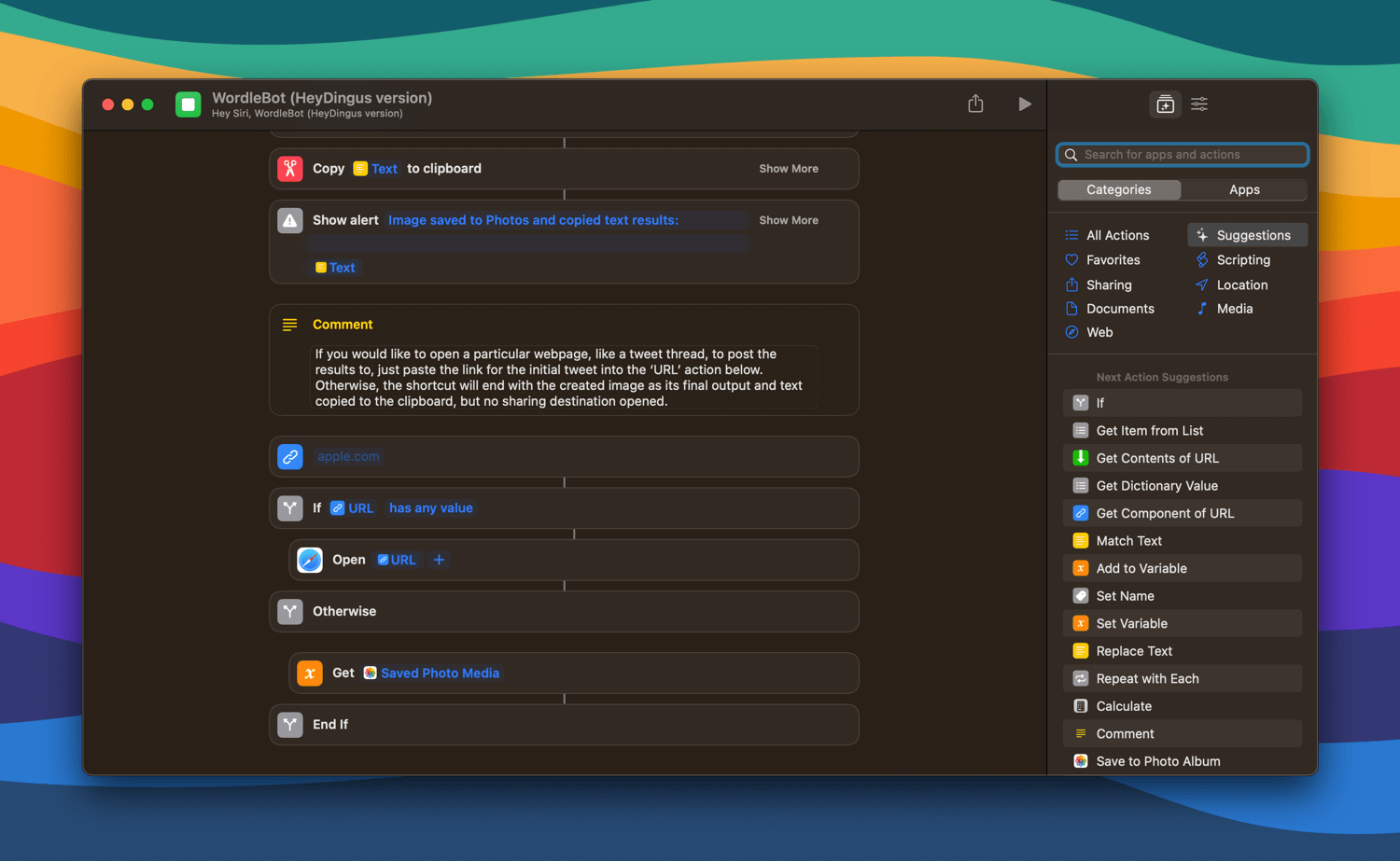 A screenshot showing the shortcut actions that share and confirm the final text.