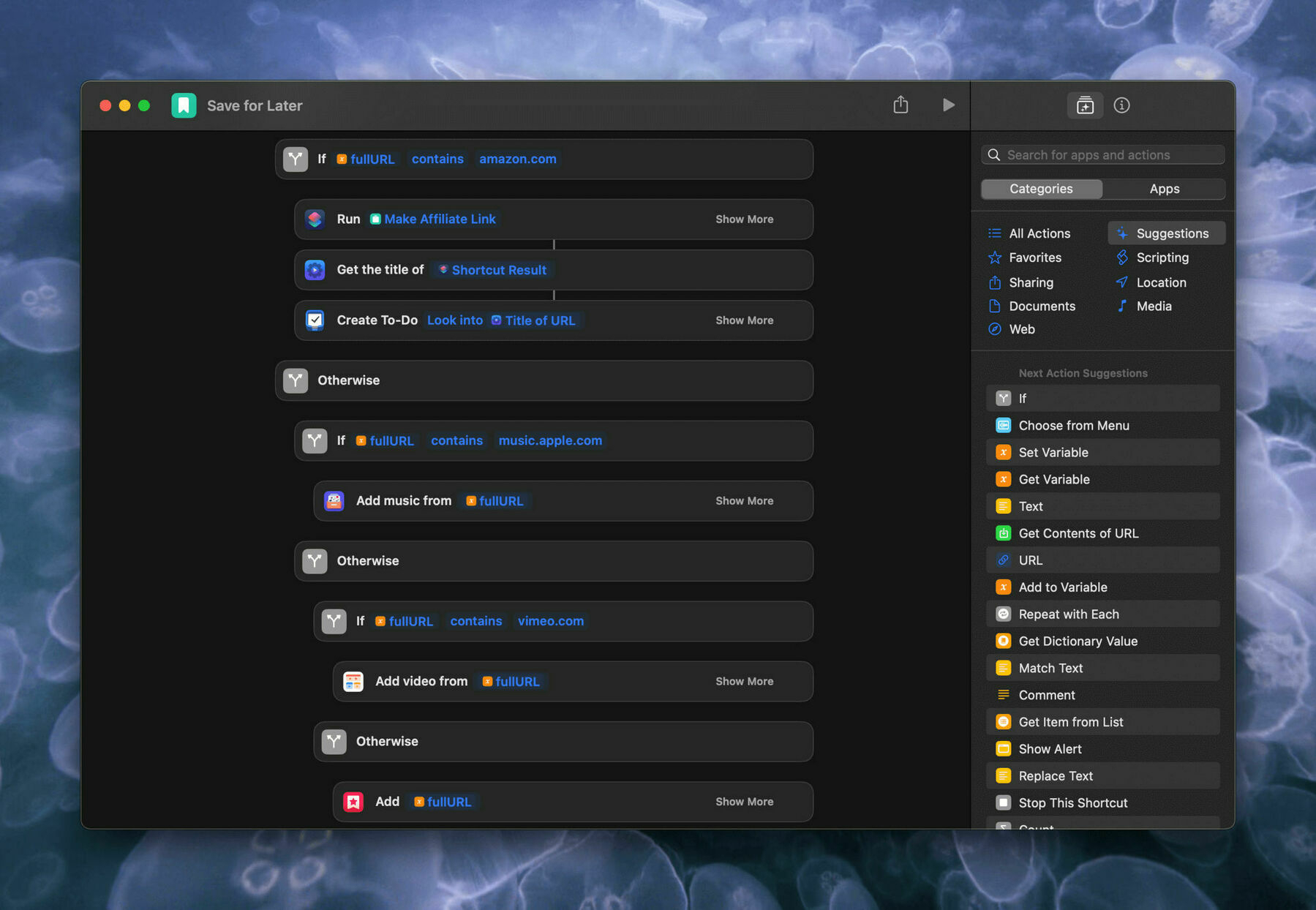 Shorcuts editor showing some actions of my ‘Save for Later’ shortcut including putting music.apple.com links into MusicBox and other links into GoodLinks.