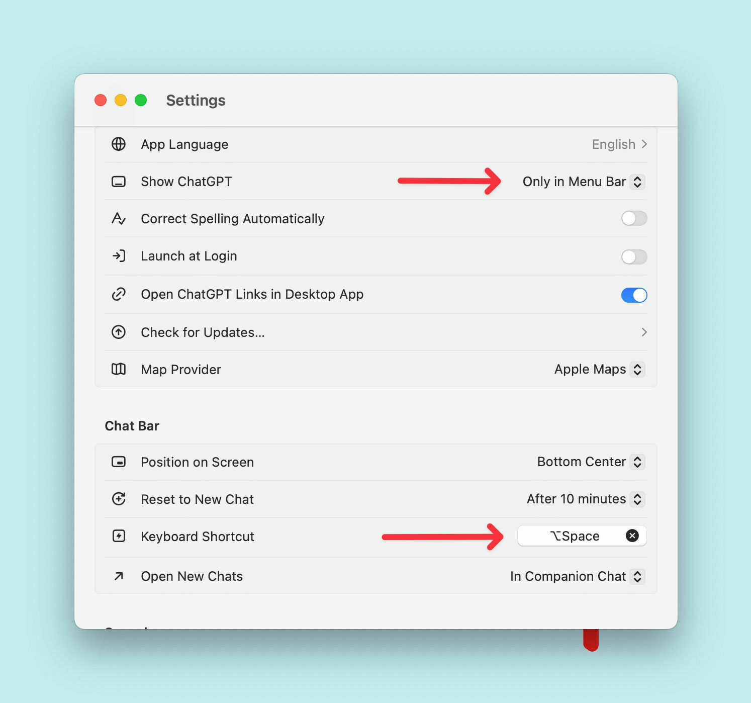Settings window displays options for adjusting app language, displaying ChatGPT, and keyboard shortcuts, with red arrows highlighting specific selections. The interface features a clean white layout on a light blue background.