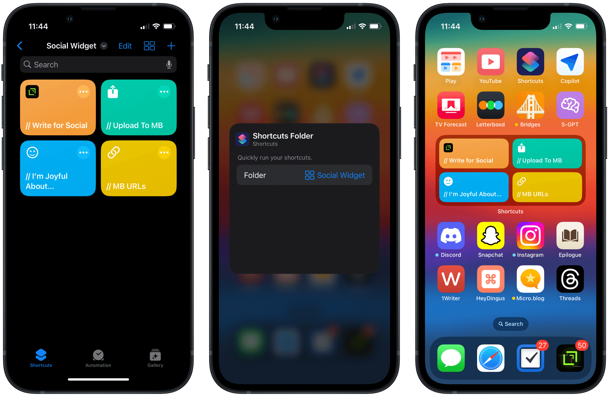 (1) The Shortcuts app open to the ‘Today Widget’ folder with four shortcuts all with names beginning with “//“ in it. (2) The widget editor showing the ‘Today Widget’ folder selected. (3) My home screen with the Shortcuts widget displaying those shortcuts from the ‘Today Widget’ folder.