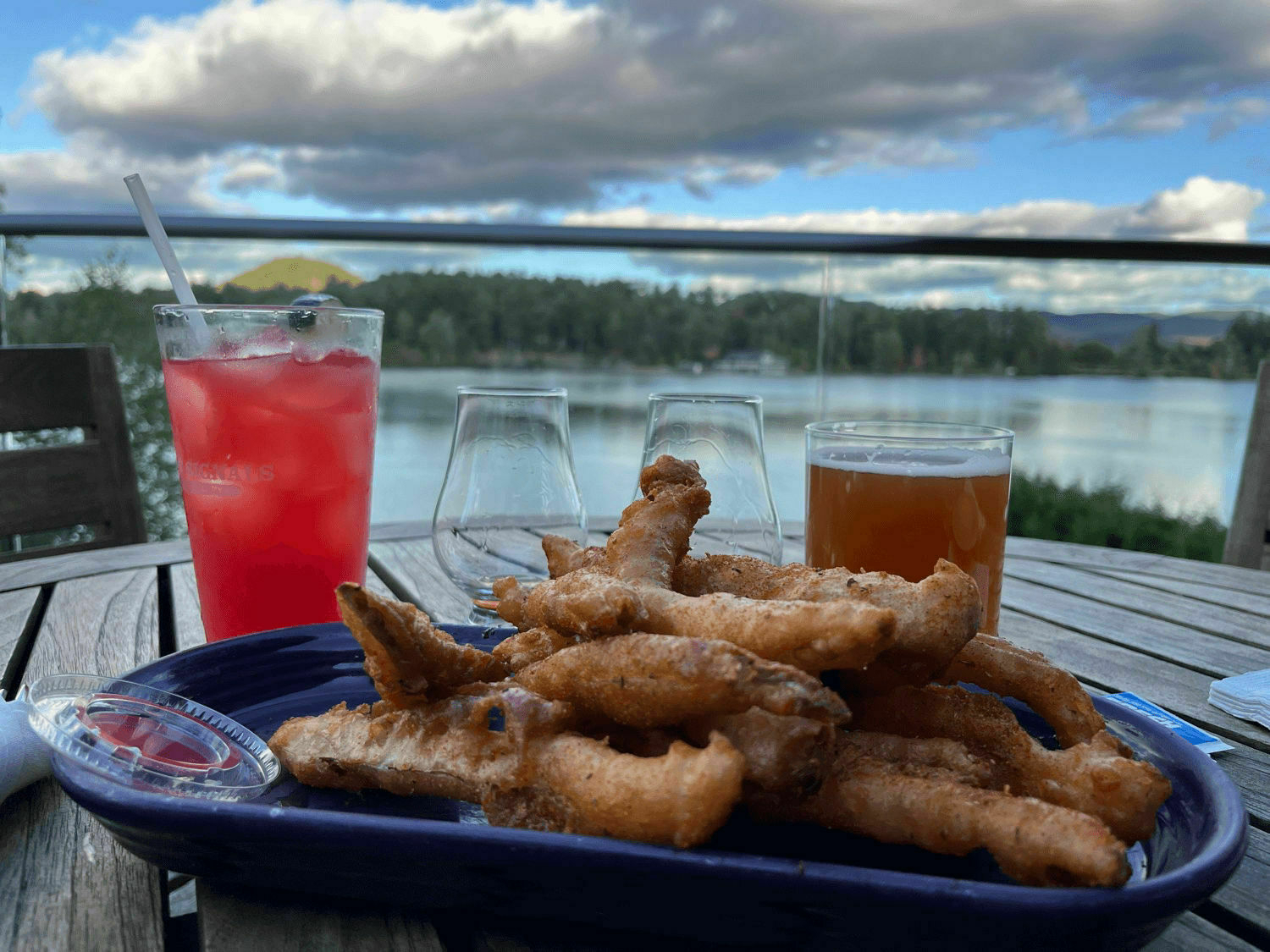 Fried pickles and drinks in front of Mirror Lake.