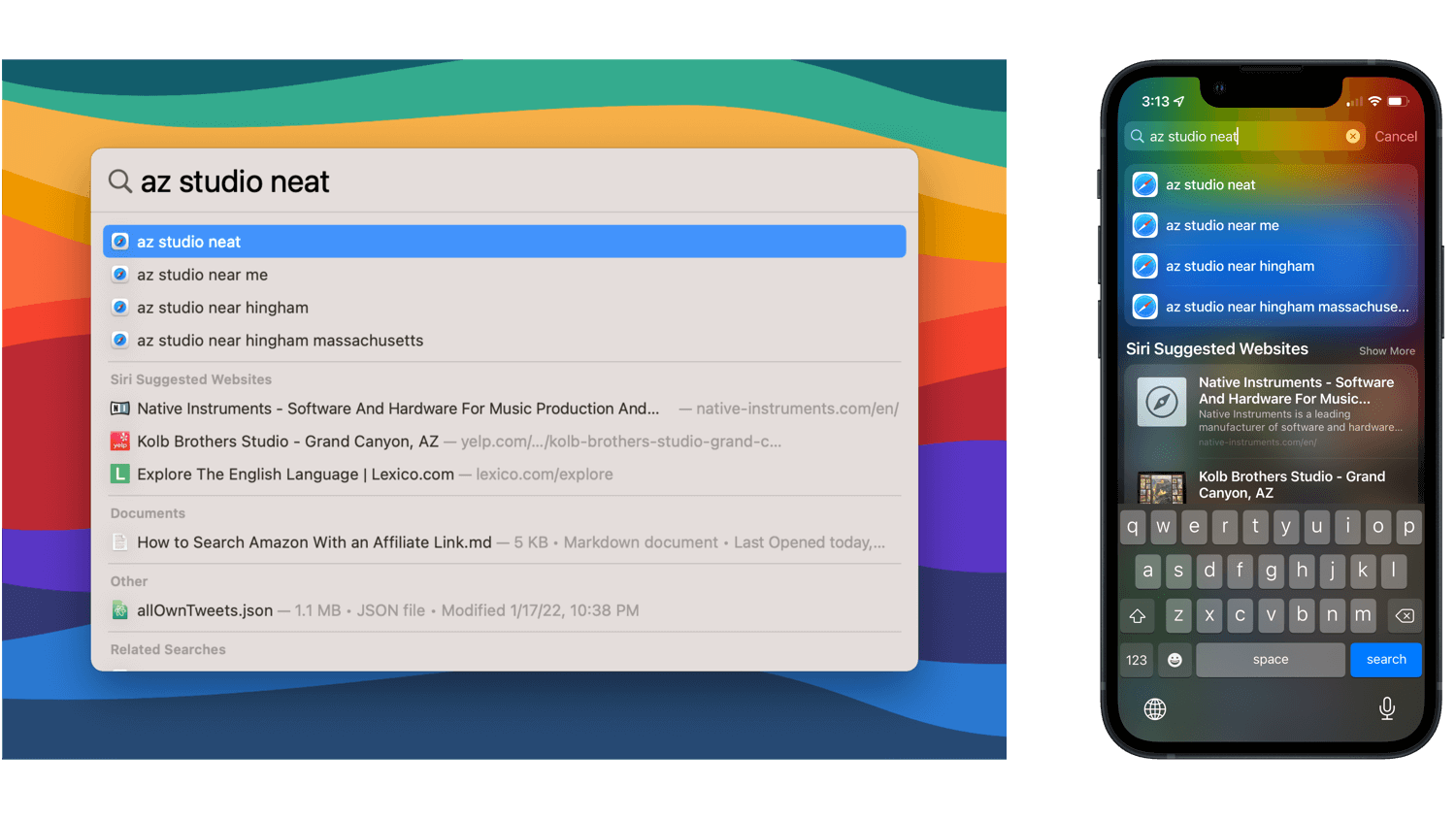 Screenshots of searching from Spotlight on iOS and macOS.