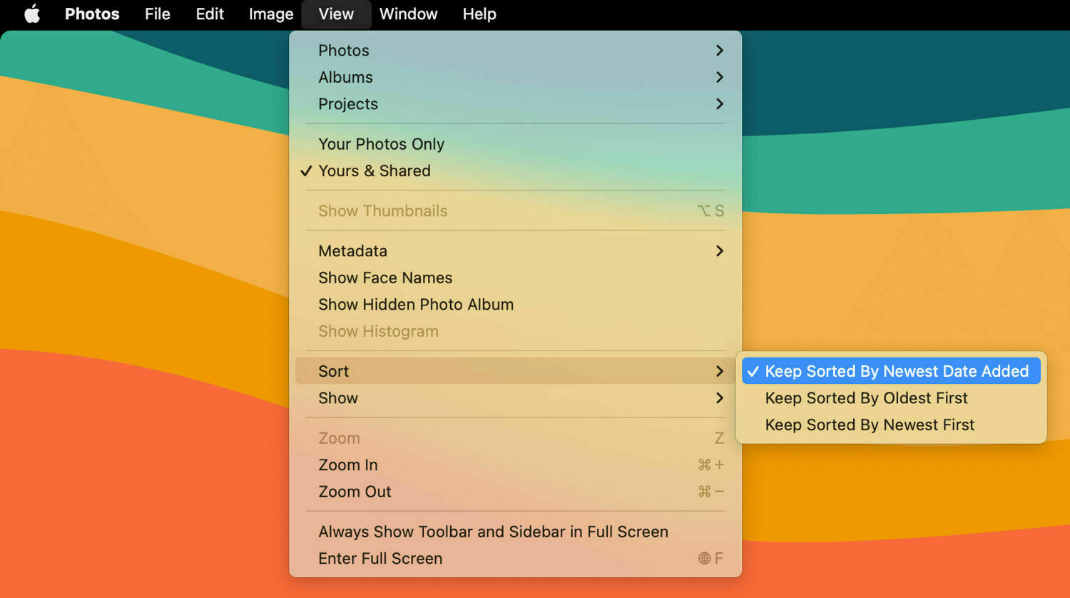 A screenshot of Phtotos’ ‘View’ options on Mac.
