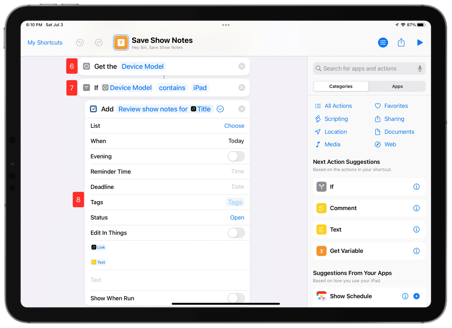 Checking the device and creating a to-do in Things that also contains the show notes.