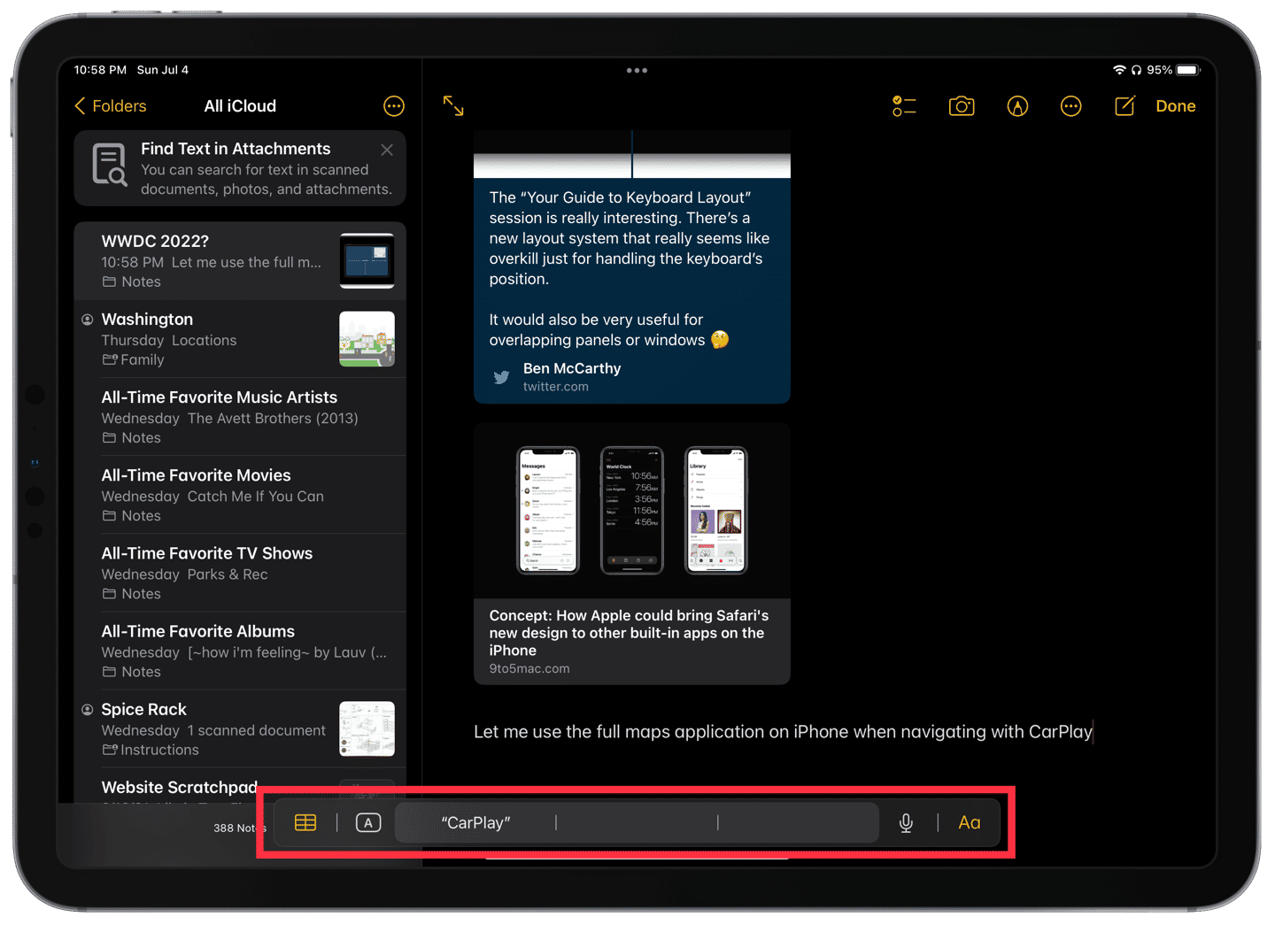 The floating QuickType bar shown in the Notes app.