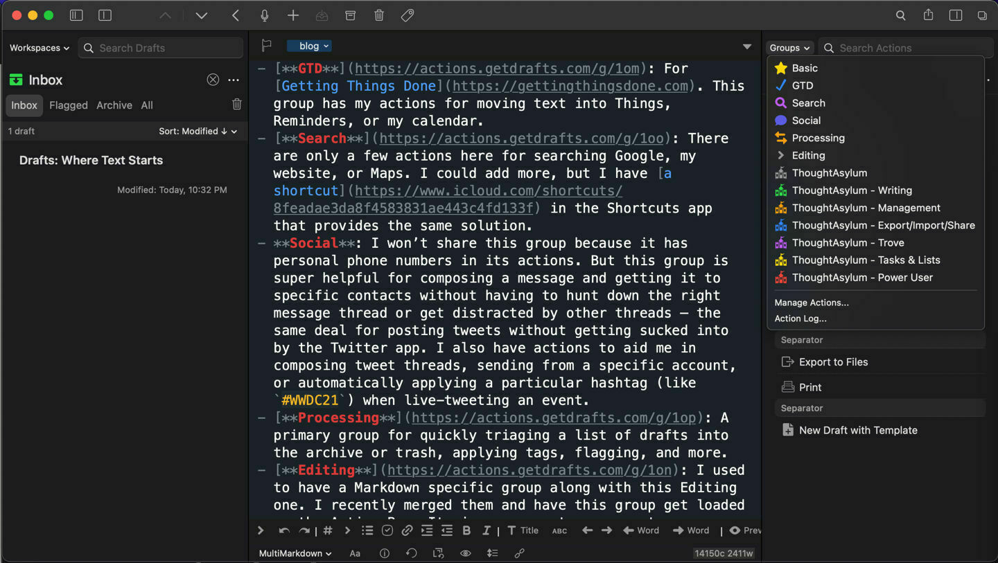 Drafts on Mac showing my Action Groups.