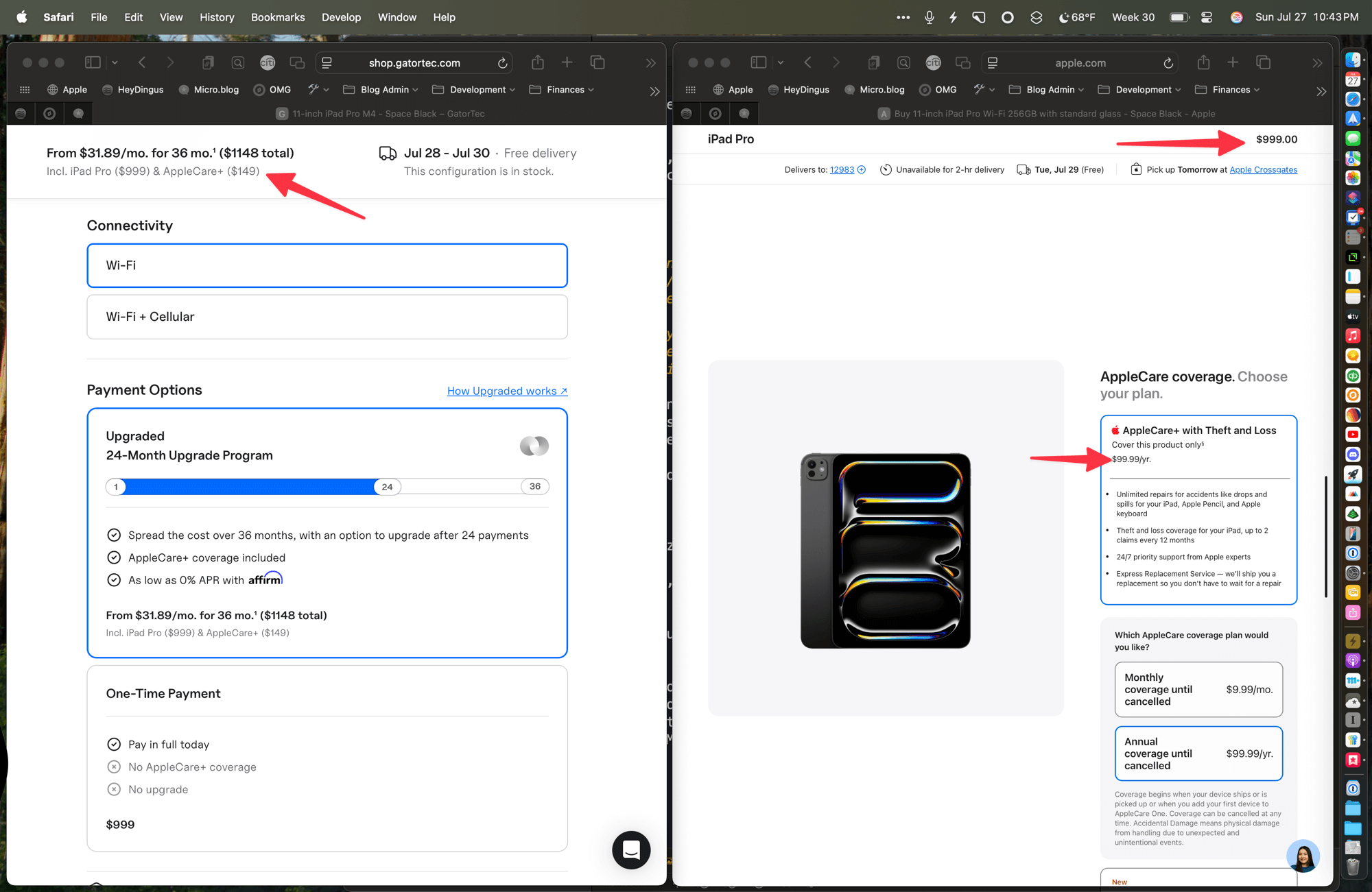 Dual screen capture showing two webpages side by side for purchasing an iPad Pro. The left screen displays a payment plan from shop.gatortec.com, offering the iPad Pro with cellular connectivity for $31.89/month over 36 months, totaling $1148, including AppleCare+. The right screen from apple.com shows the iPad Pro priced at $999, with an option for AppleCare+ with Theft and Loss at $99.99/year. Each page includes additional product and shipping details, with arrows highlighting pricing information.