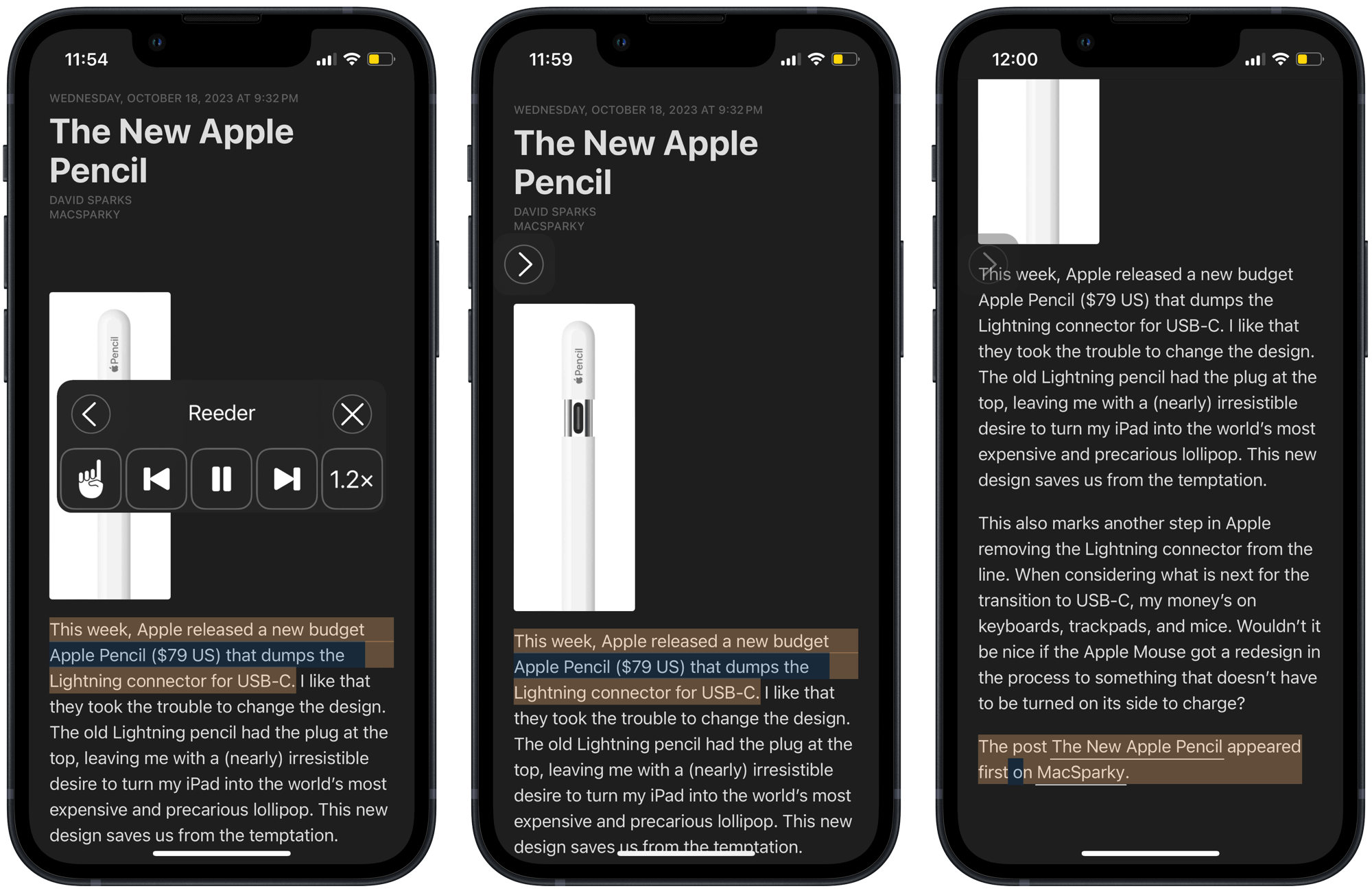 Three iPhone screenshots that show the full playback display with buttons for skipping and pausing, and then how the display minimizes and fades out of the way.