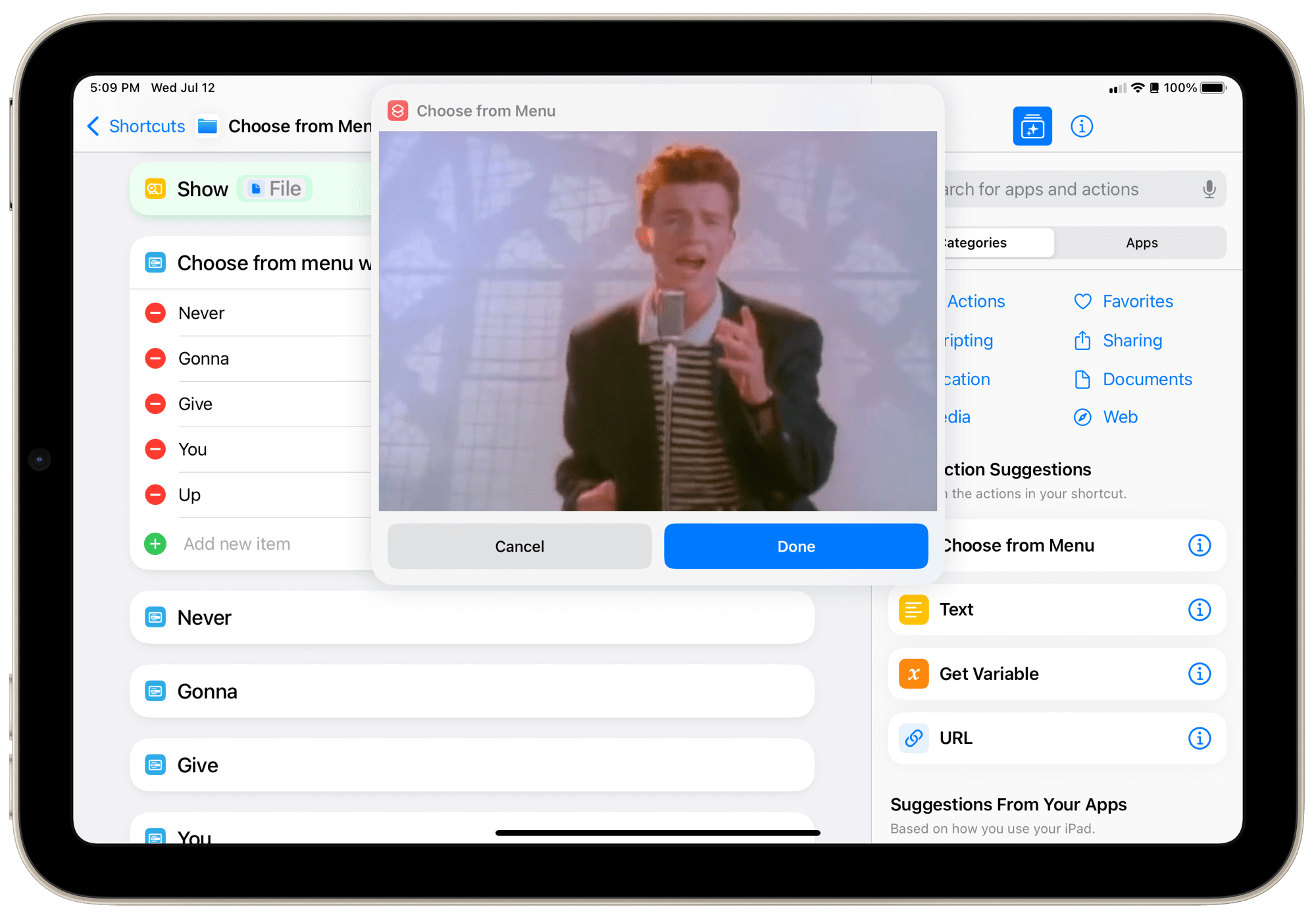 Shortcut showing an image of Rick Astley in a ‘Show Result’ action with a button to cancel.