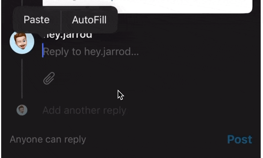 Pasting the text into Threads, resulting in a post and a reply.