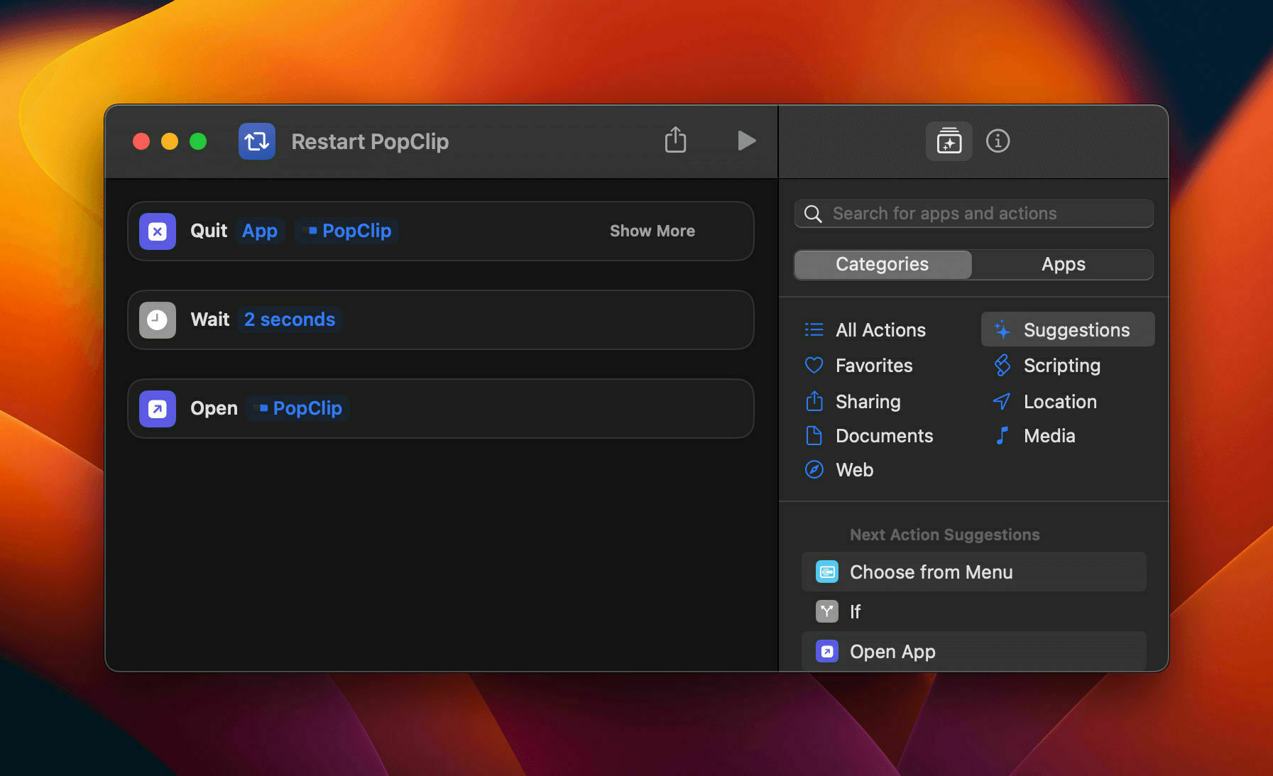 A screenshot of the shortcut actions.