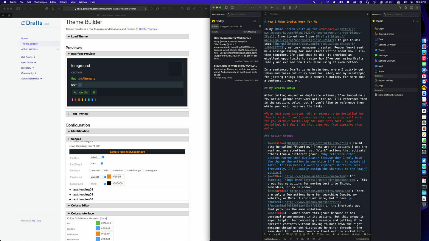A screenshot of Safari on Mac with the theme builder, and Drafts on Mac with my theme loaded.