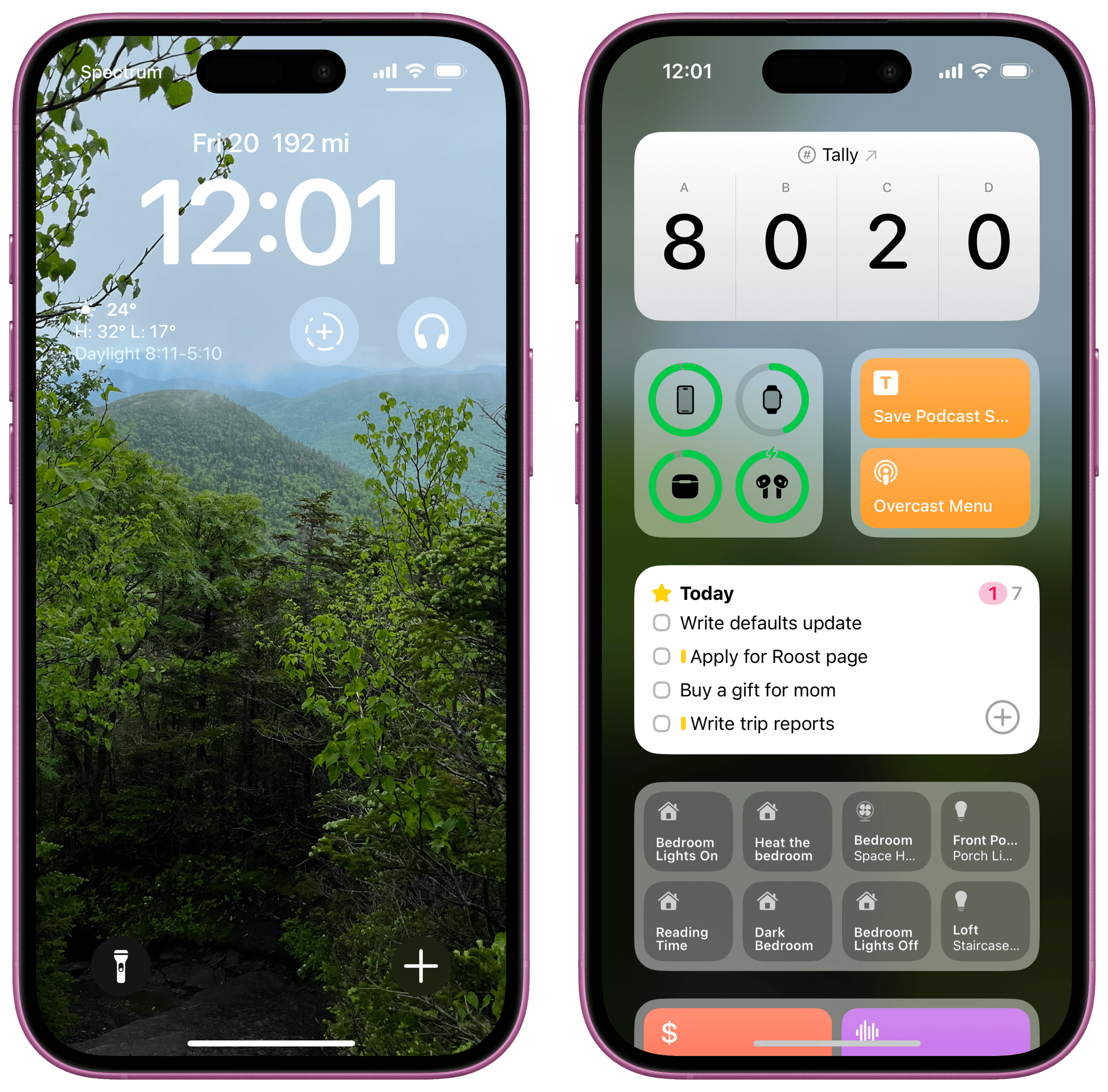 Two smartphone screens display information. The left shows a forested mountain landscape with time, date, and weather details. The right shows a home screen with toggles, a task list, and widgets including “Tally” and “Today,” listing tasks like “Write defaults update” and “Buy a gift for mom.”