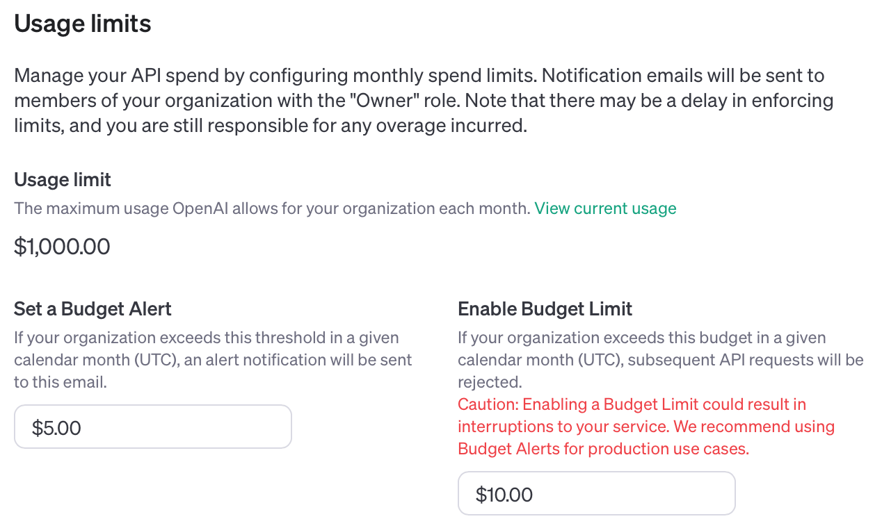 Settings interface shows API spending management. Fields display a $1,000 usage limit, $5 budget alert, and $10 budget limit. Cautionary note highlights potential service interruptions.
