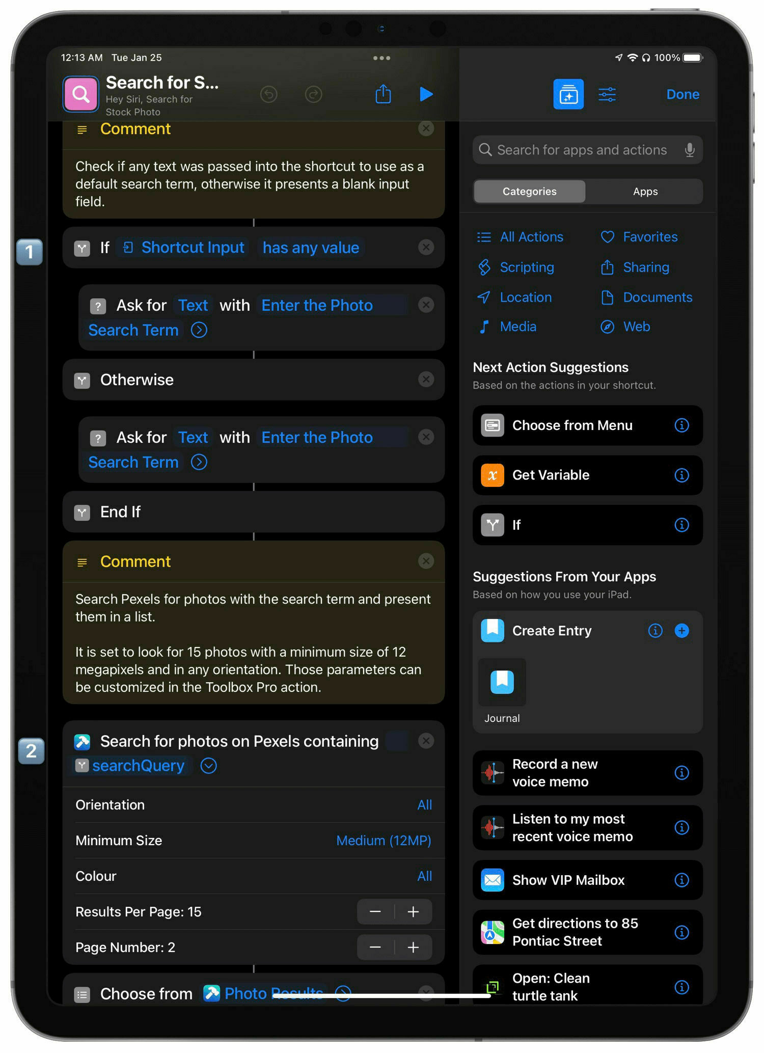 A screenshot of the first two sections of actions in the shortcut.