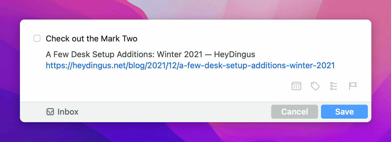 A screenshot of the Things quick-add window.