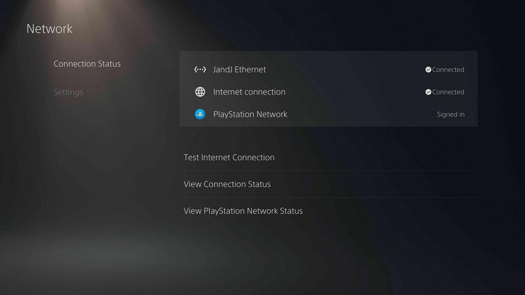 Playstation screenshot of the network setting showing it’s connected to the wired ‘JandJ Ethernet’ network.