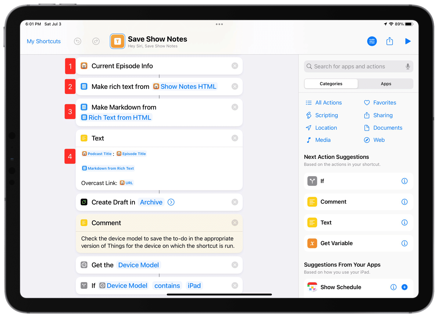 Getting the show notes from Overcast, converting them to Markdown, and formatting resulting note.