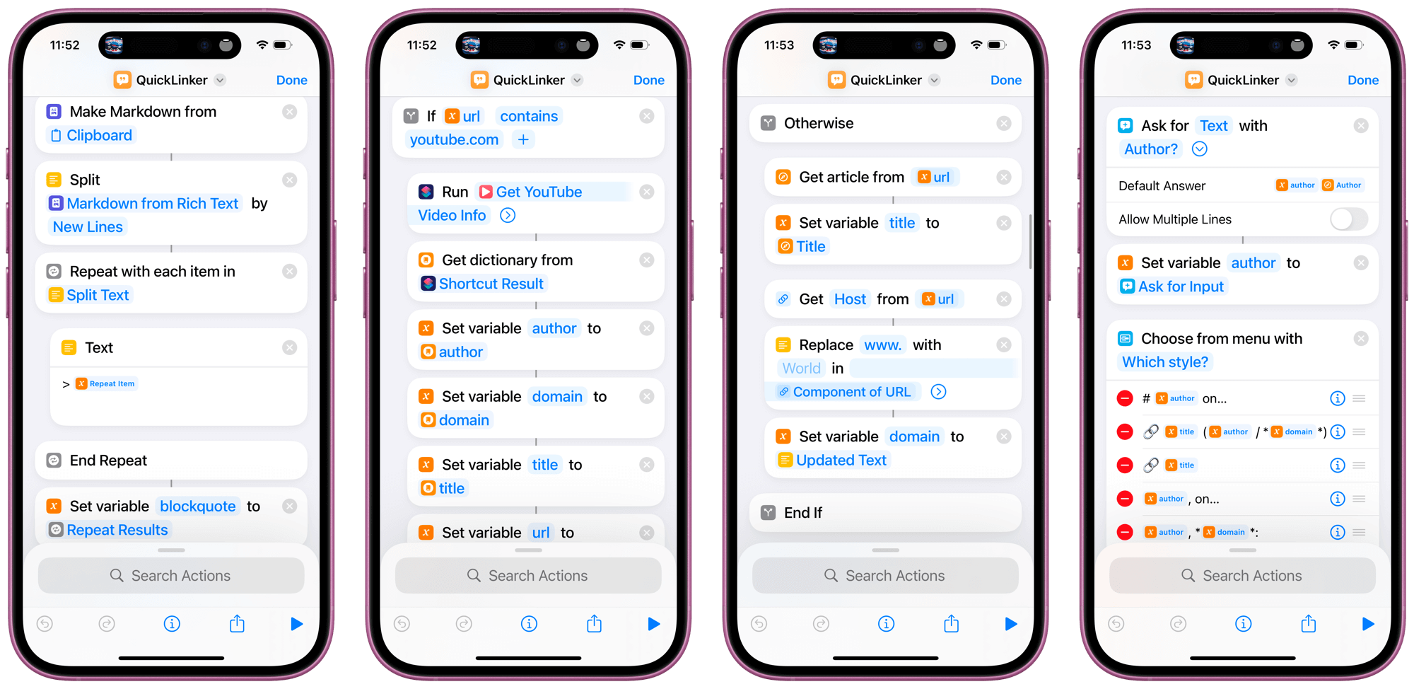 Four smartphone screens display a workflow automation app titled QuickLinker. The screens show a sequence of customizable actions, including text processing, variable setting, and conditional statements, designed to automate tasks.