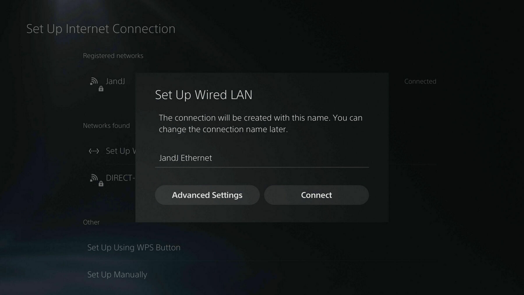 Playstation screenshot of setting up a Wired LAN.
