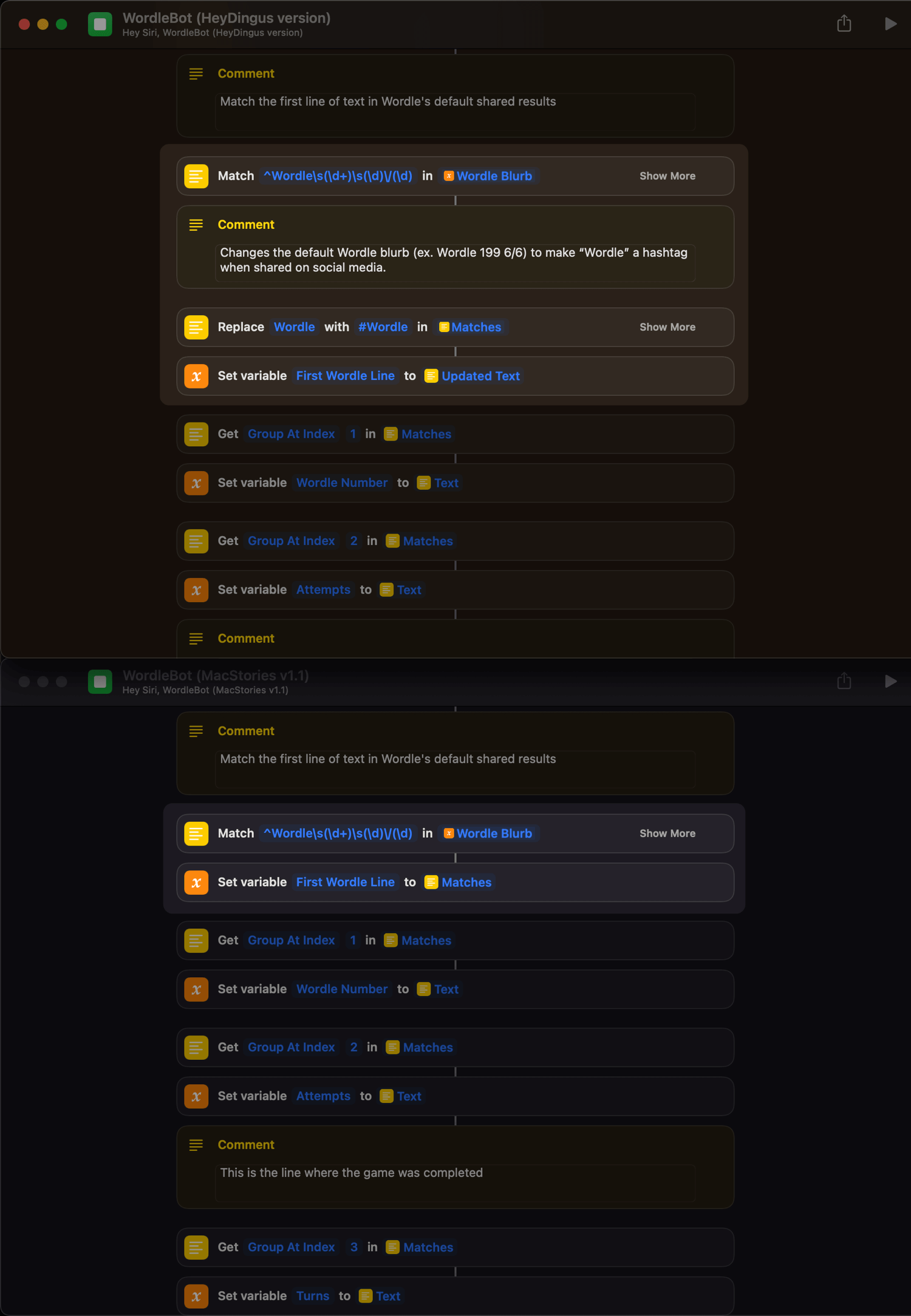 A screenshot comparing WordleBot shortcuts, highlighting where an action changes “Wordle” into a hashtag.