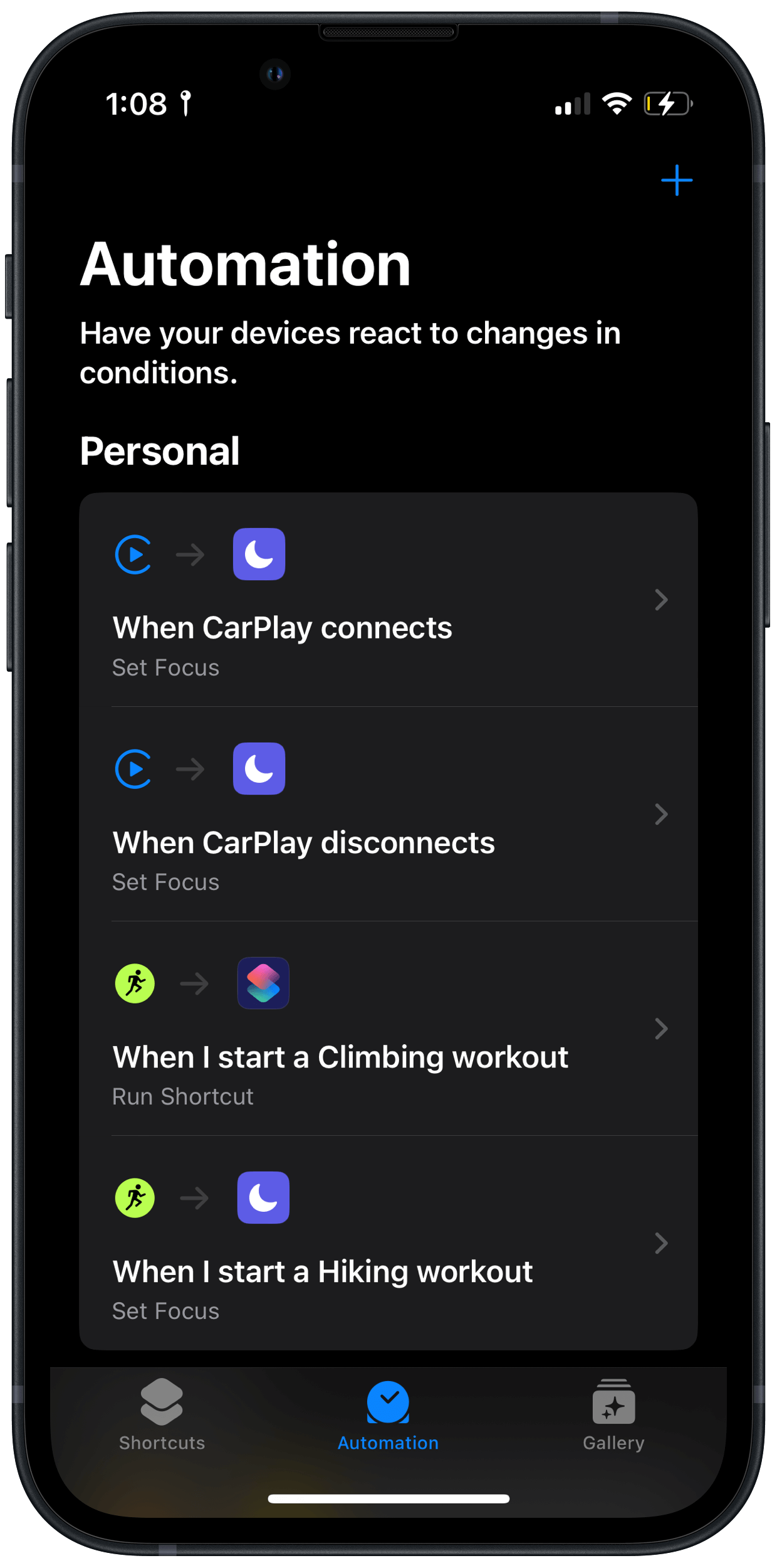 The shortcuts personal automations screen with two automations, one for connecting to and one for disconnecting from CarPlay.