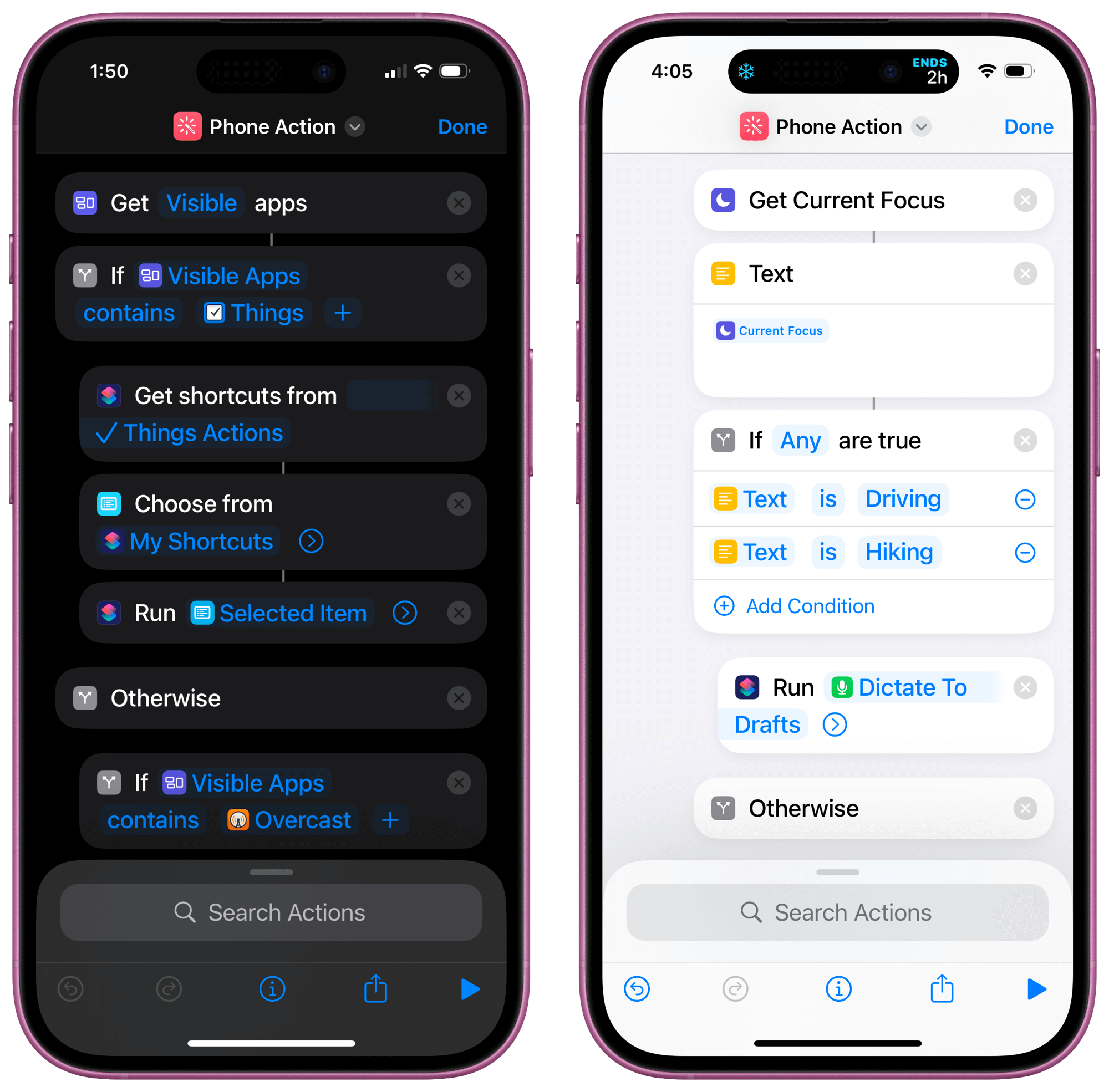Two smartphone screens display automation workflows in the Shortcuts app. The left screen shows app-based triggers and actions, while the right features focus conditions with driving and hiking contexts.