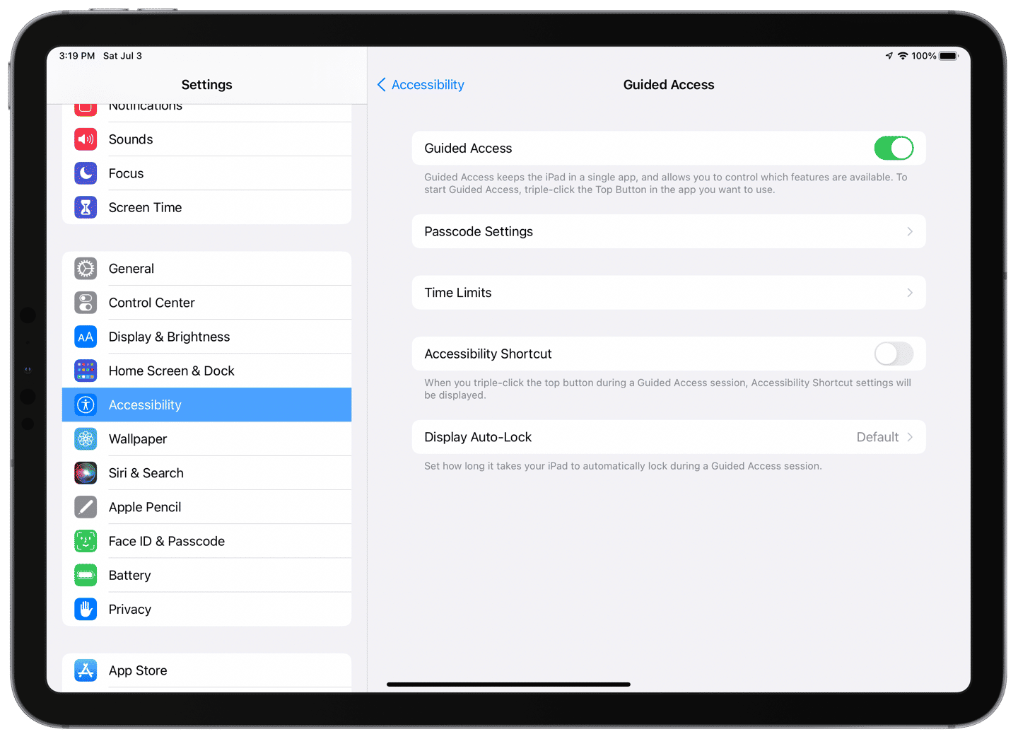 A screenshot of Guided Access options in Settings. 