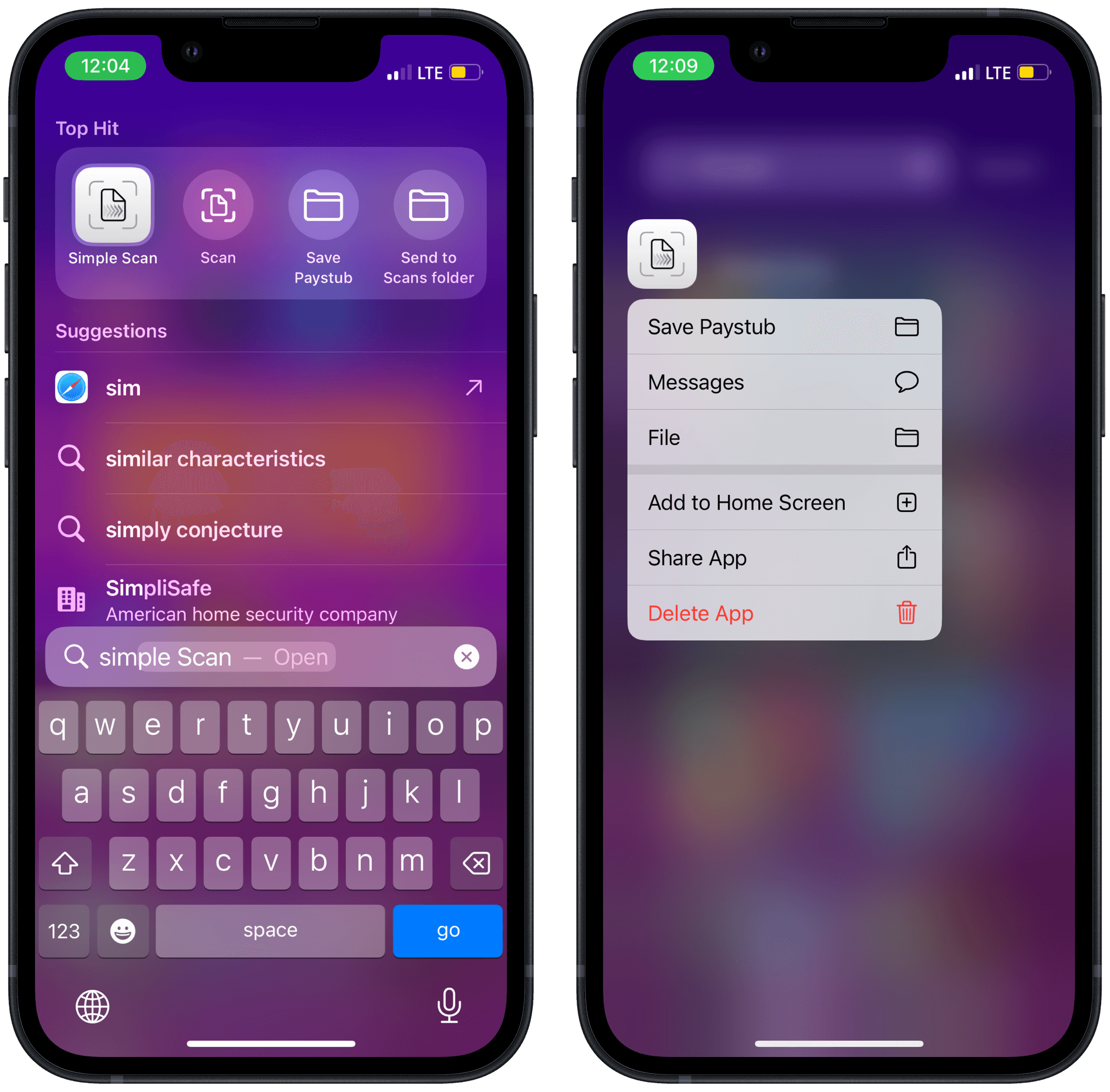 Two smartphone screens: Left screen shows a search for “simple Scan” with app suggestions, right screen shows action options for “Simple Scan” app including “Save Paystub” and “Delete App”.