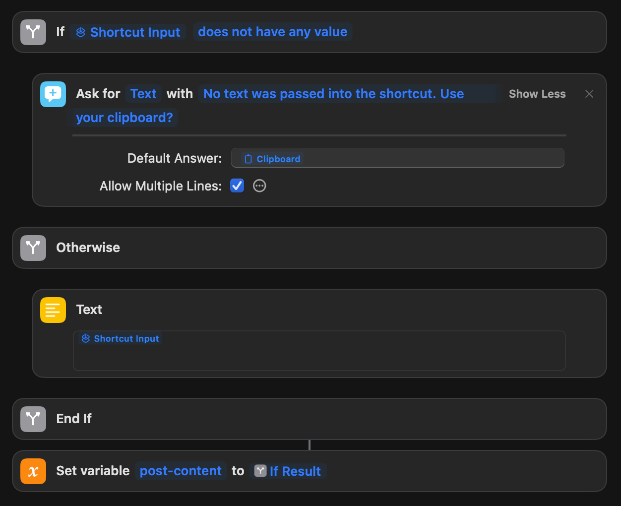 A screenshot displays part of a digital workflow with conditional and action blocks on a dark background. It includes if-then logic and text input prompts.