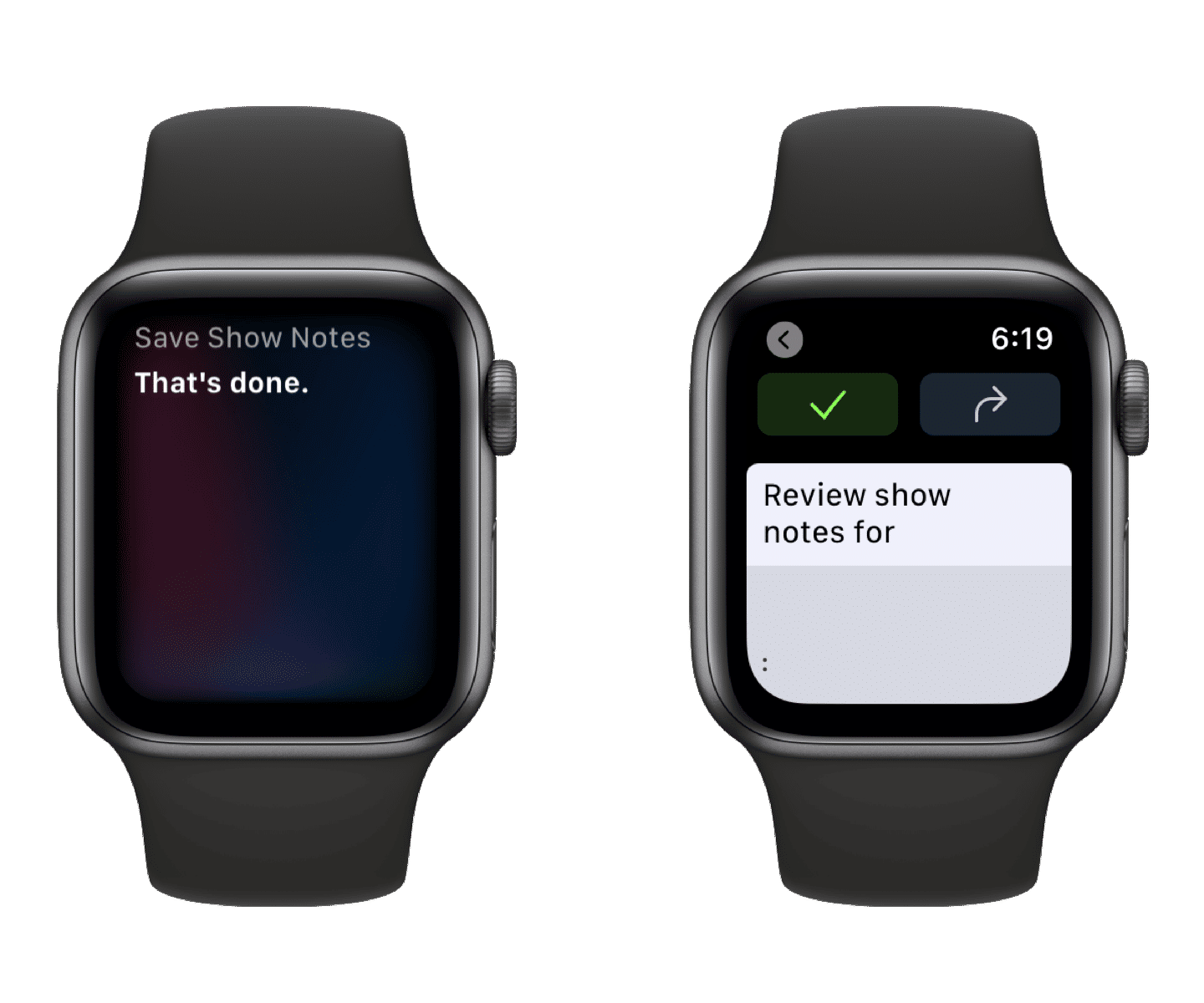 Screenshots of the shortcut run on Apple Watch, and the failed result.