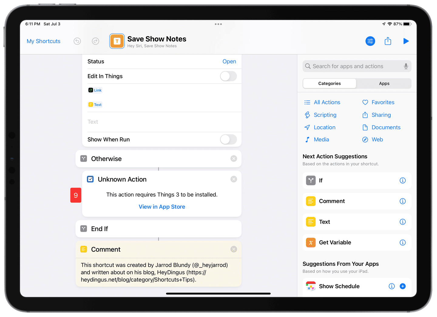 Showing that the iPhone Things action isn’t available on iPad.
