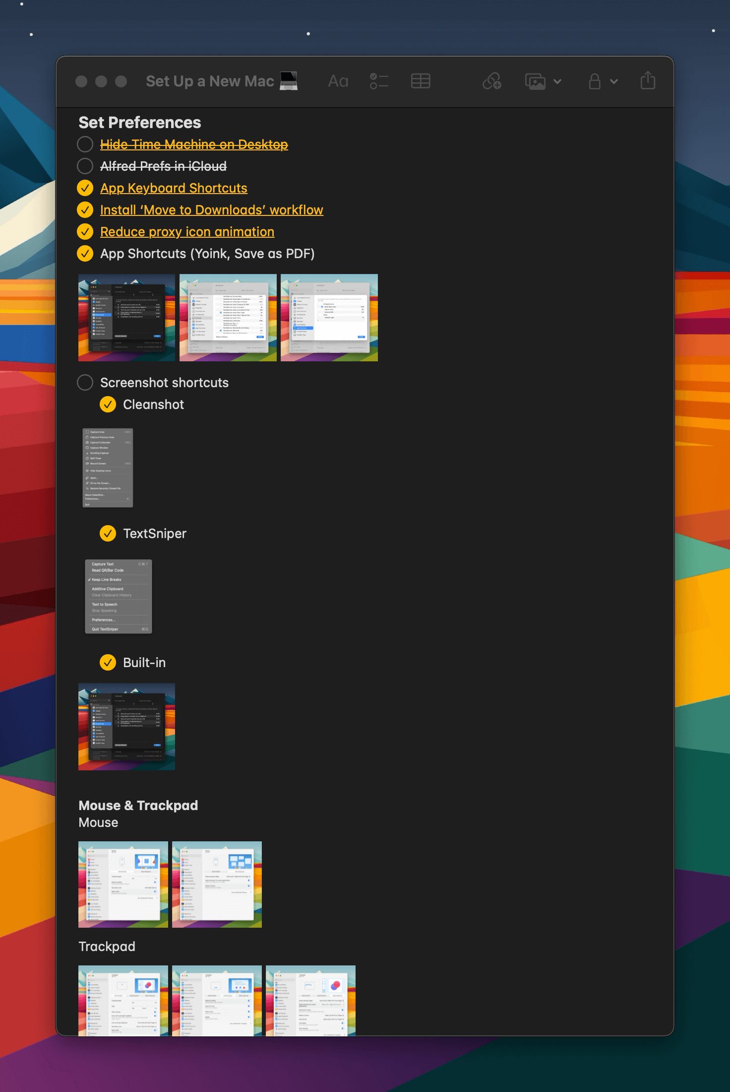 My Mac setup note showing a checklist of preferences to change with screenshots to make it easy.