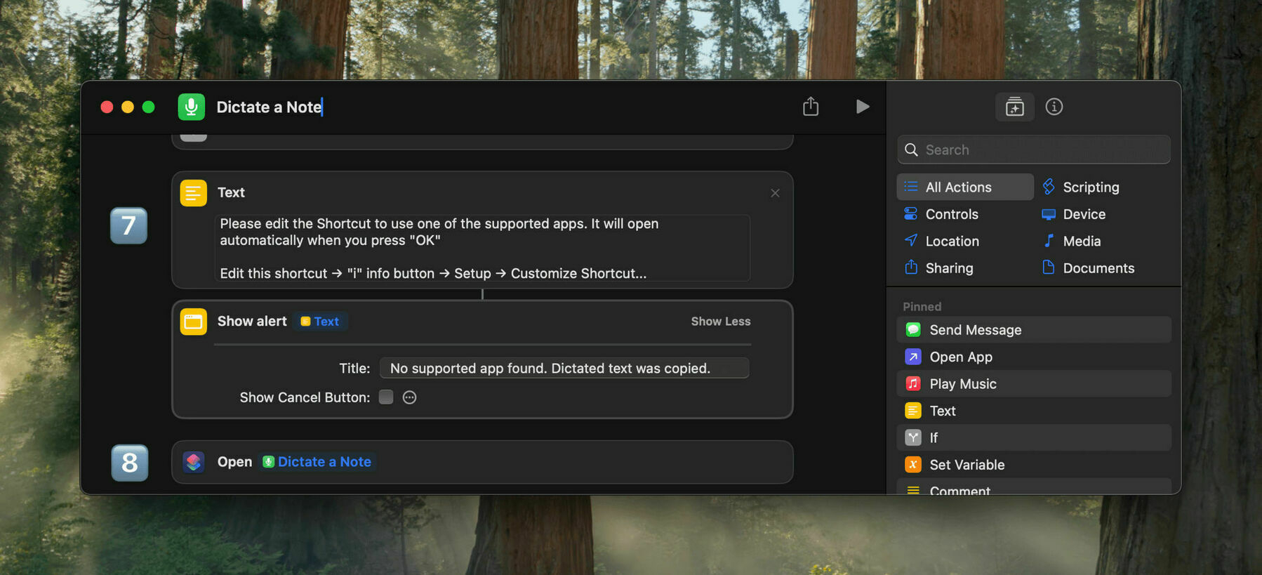 A computer screen displays an app interface for creating shortcuts, with a prompt to edit a shortcut labeled “Dictate a Note,” set against a forest background.