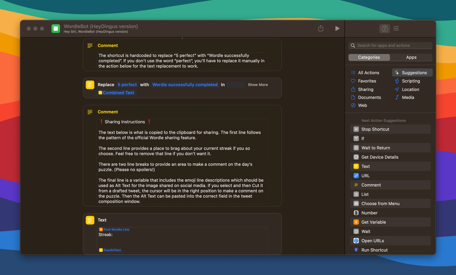 A screenshot of the shortcut actions that explain how to share the result to social media.
