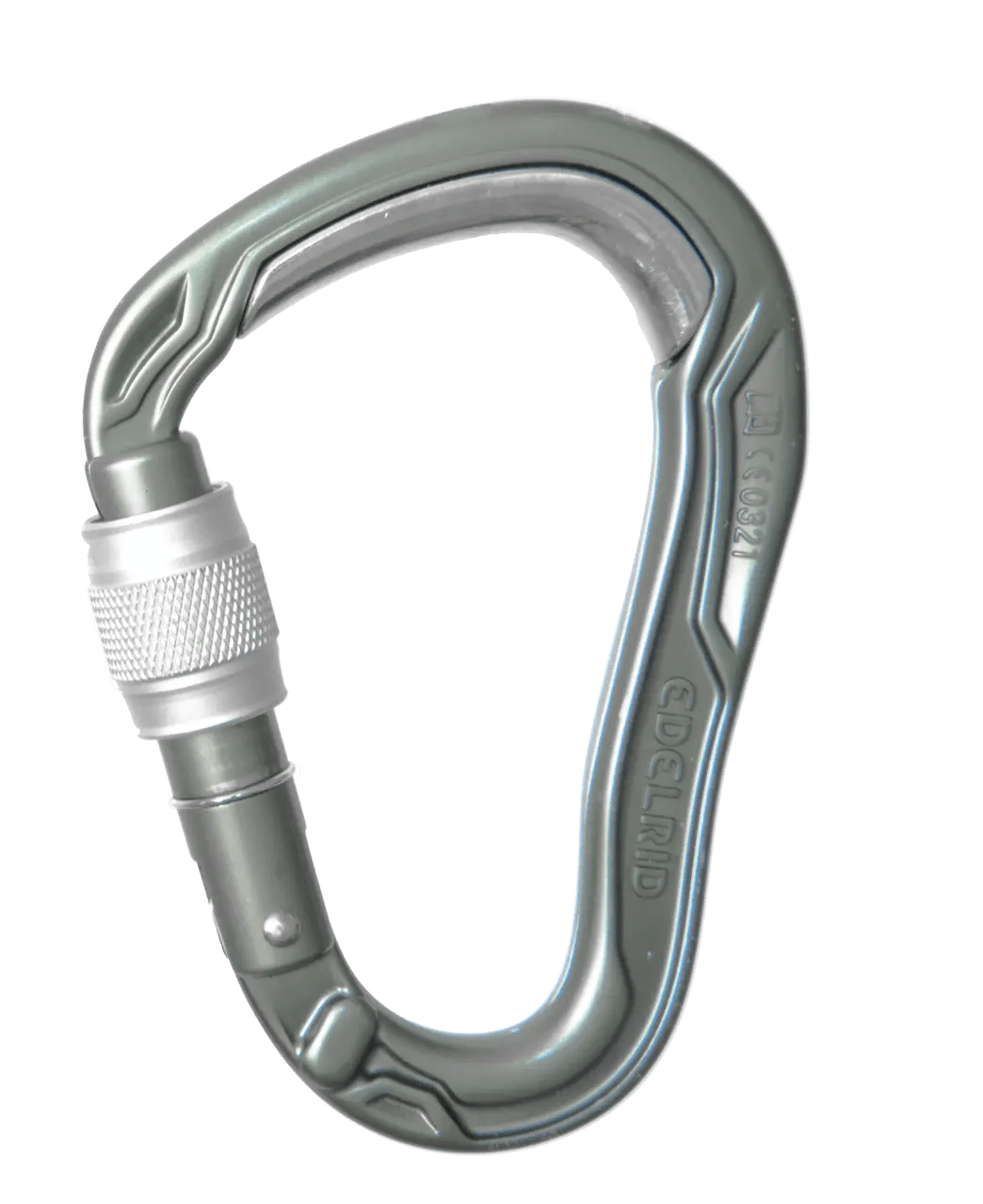 Silver carabiner with a stainless steel basket and closed screwgate, isolated on a black background. The carabiner has engraved text: “HMS”, “CE0337”, “Edelrid”.