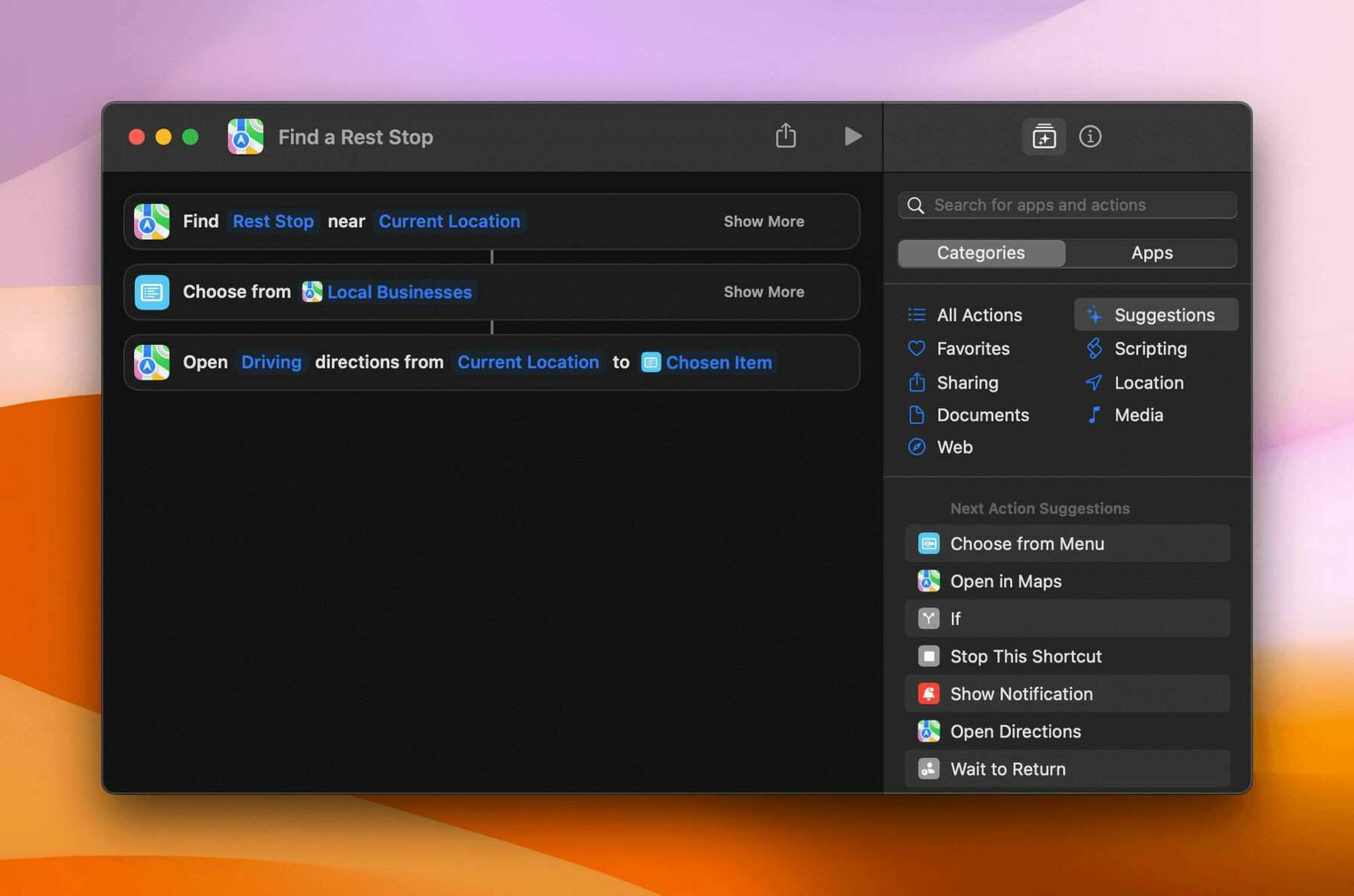 A screenshot of the ‘Find a Rest Stop’ shortcut actions on Mac.