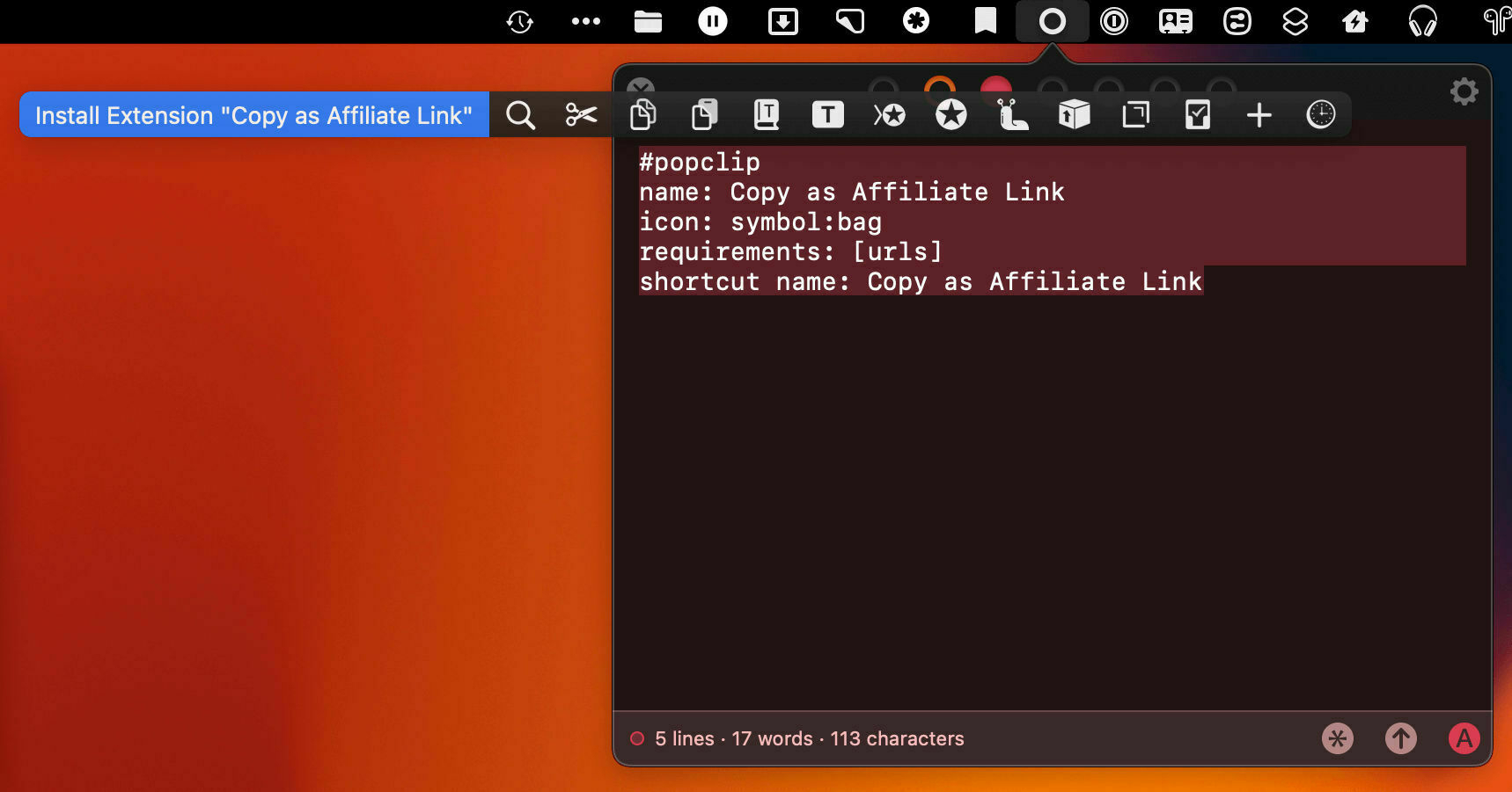Installing an extension snippet from selected text.