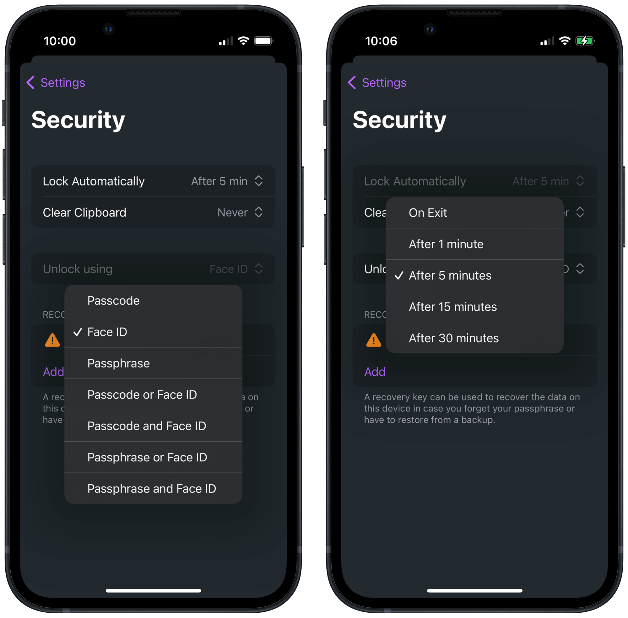 Secrets options for locking the device with Face ID and/or a passcode or passphrase. Also, it can lock automatically on exit, or after 1, 5, 15 or 30 minutes.