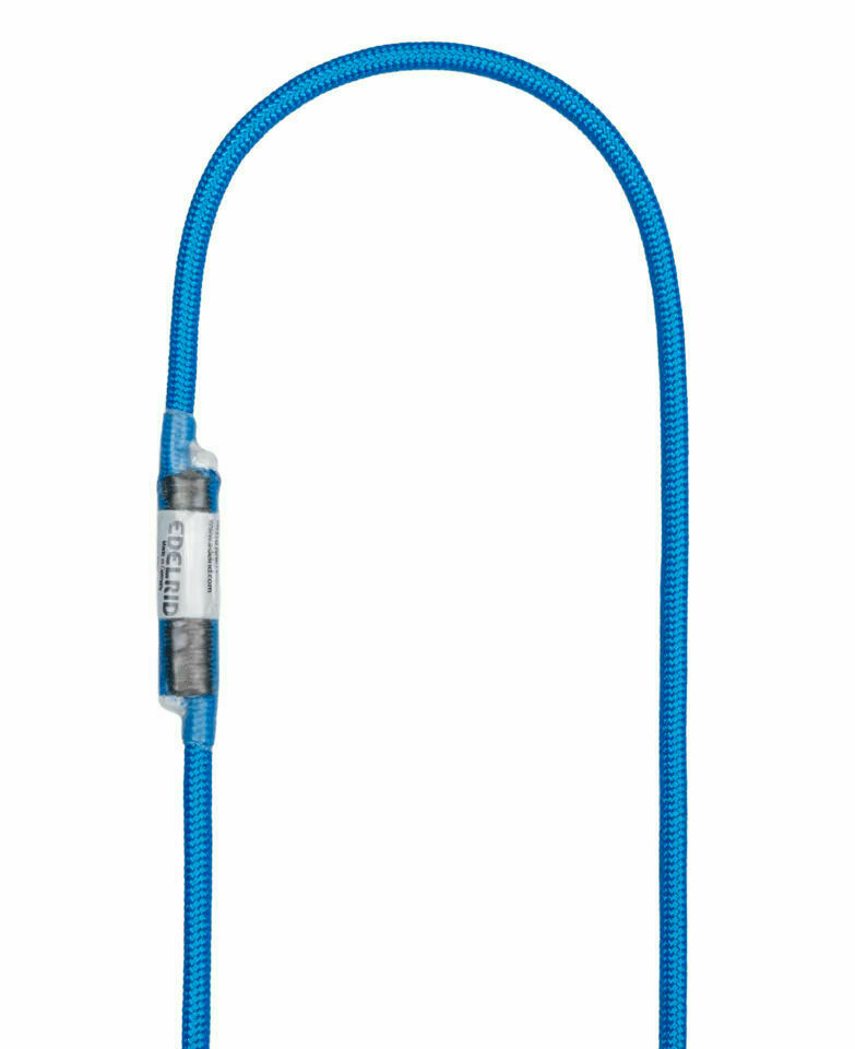 A blue curved cord with sewn ends against a white background.