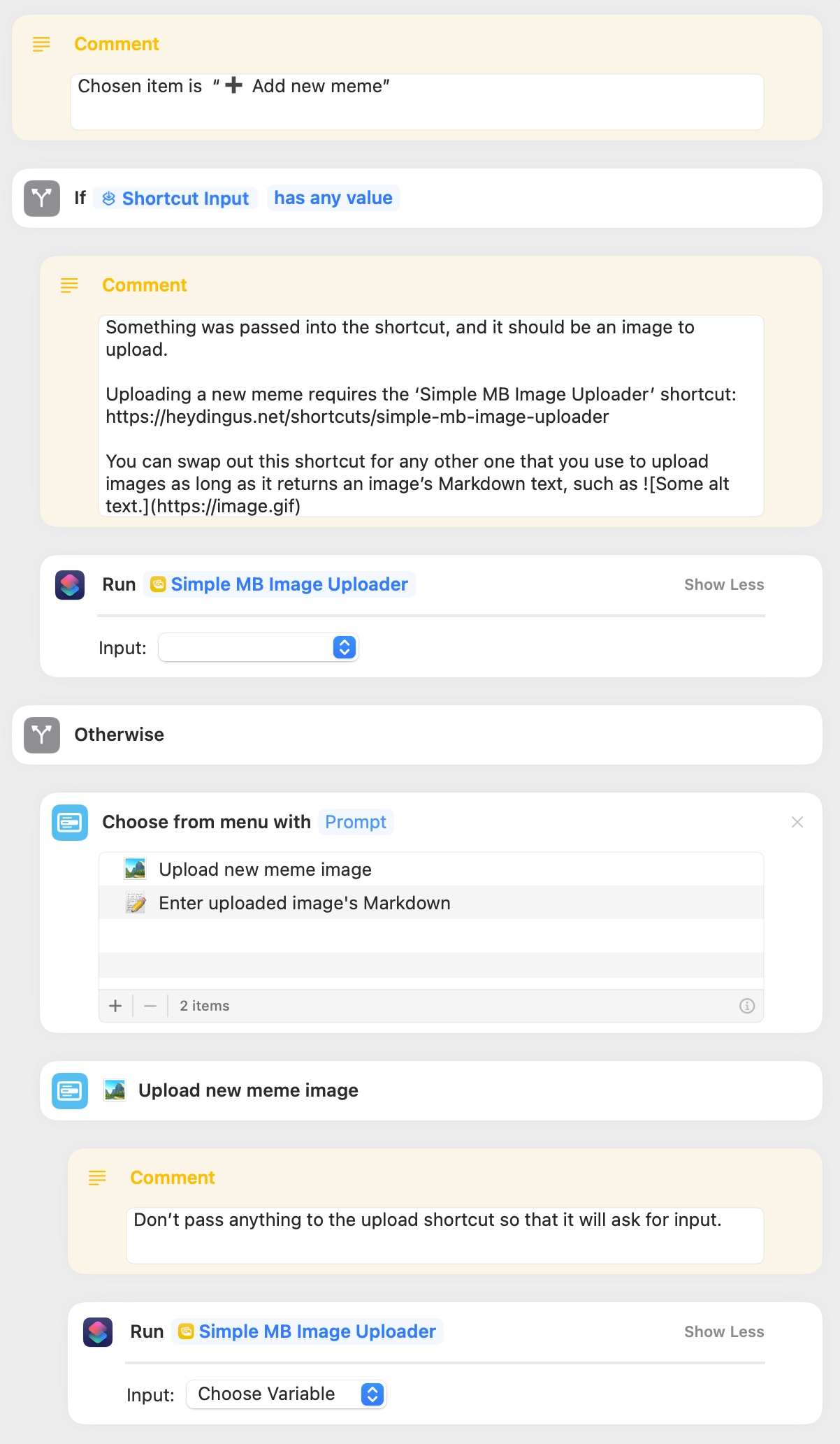 A screenshot of a digital workflow or script with comments and action blocks, focusing on image uploading and Markdown text generation, within a software interface.